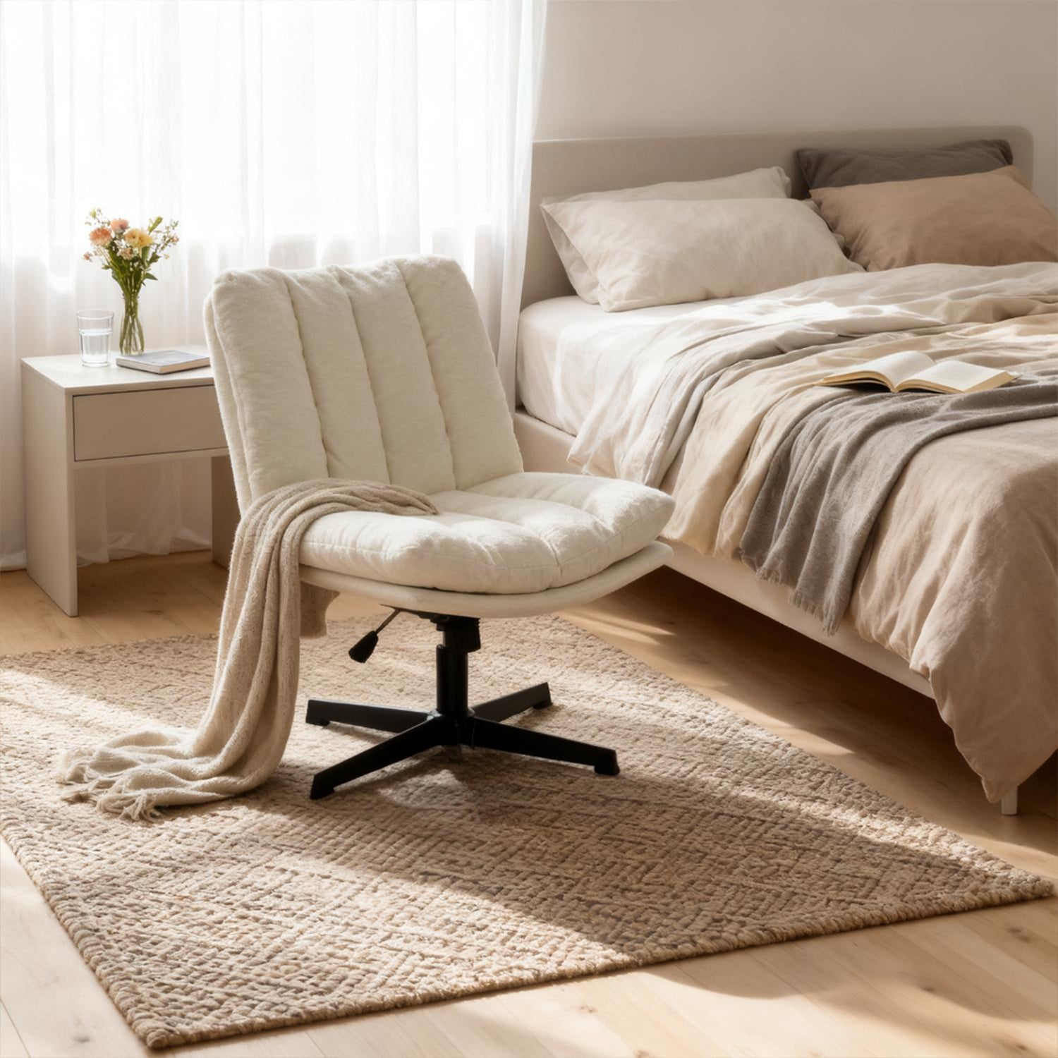 Drehbarer, verstellbarer Freizeitsessel mit Armlehnen aus beigem Cord – DUROTHIL