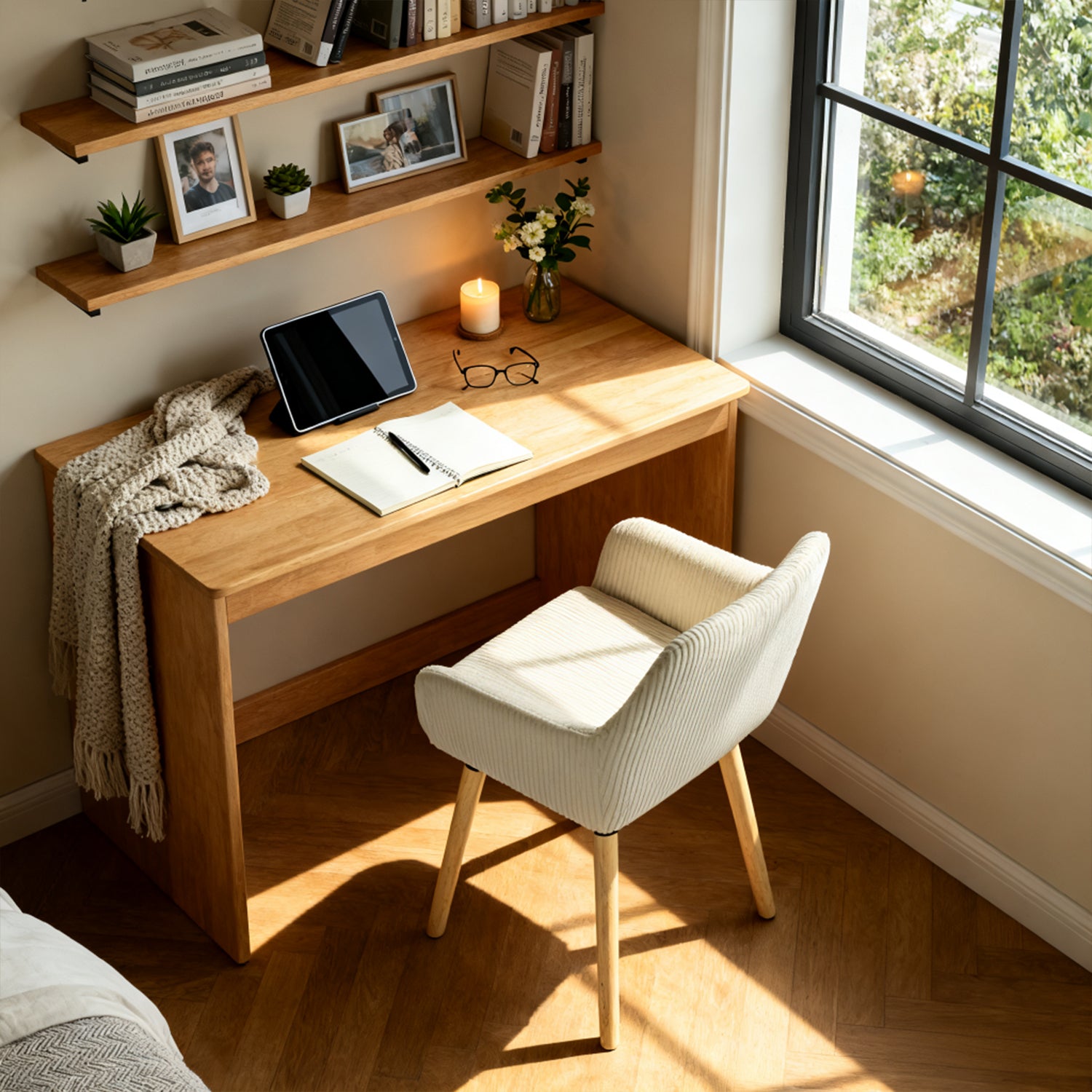 Lot de 2 chaises de salle à manger de style scandinave avec pieds en bois et accoudoirs en velours côtelé beige - ELIA