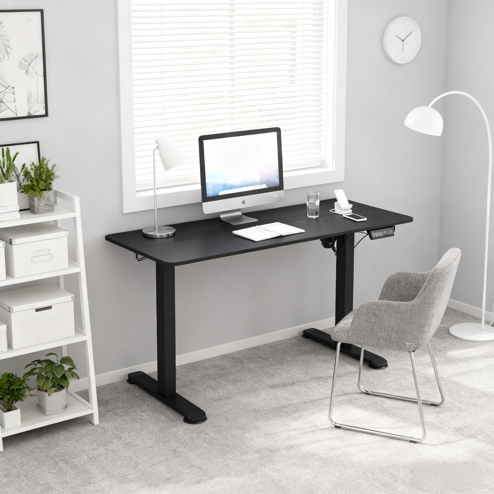 Table de bureau électrique réglable en hauteur 140x70x72-116 cm Steh-Sitz Schreibtisch avec anti-collision, stockage et cadre en acier noir