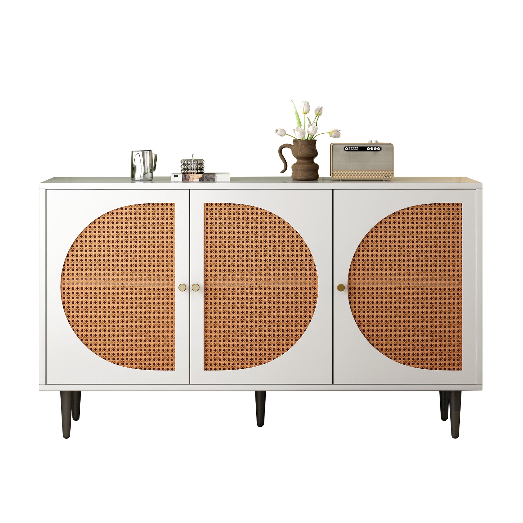 Buffet blanc moderne avec 3 portes en rotin et pieds en métal