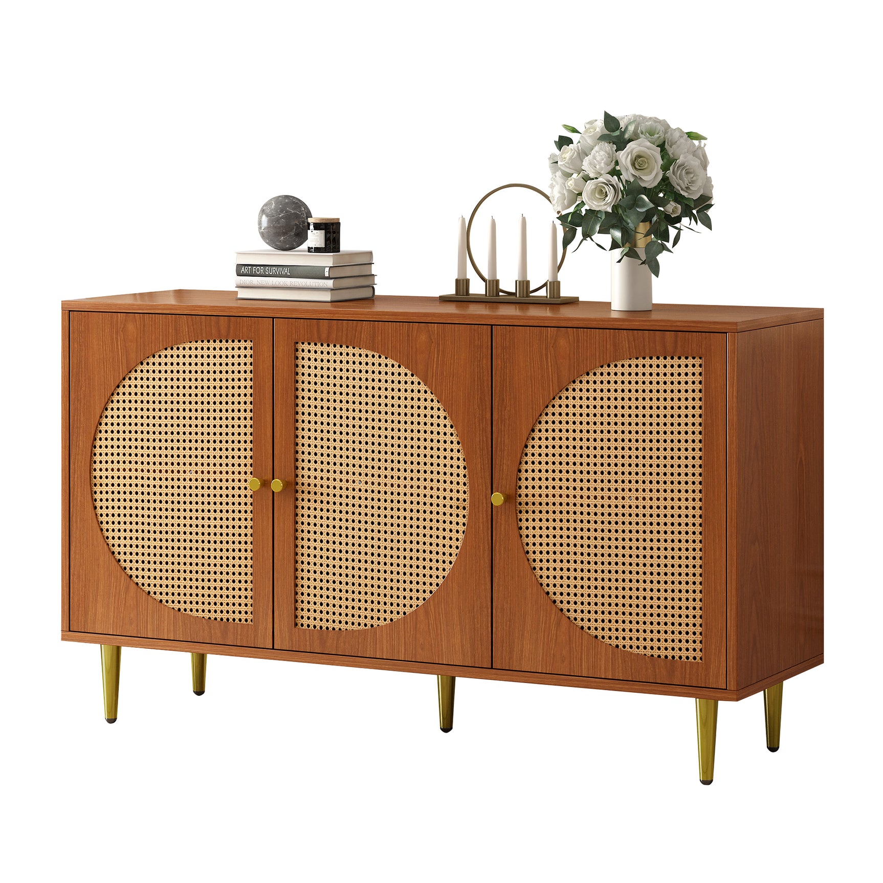 Buffet en noyer avec 3 portes en rotin et pieds en métal