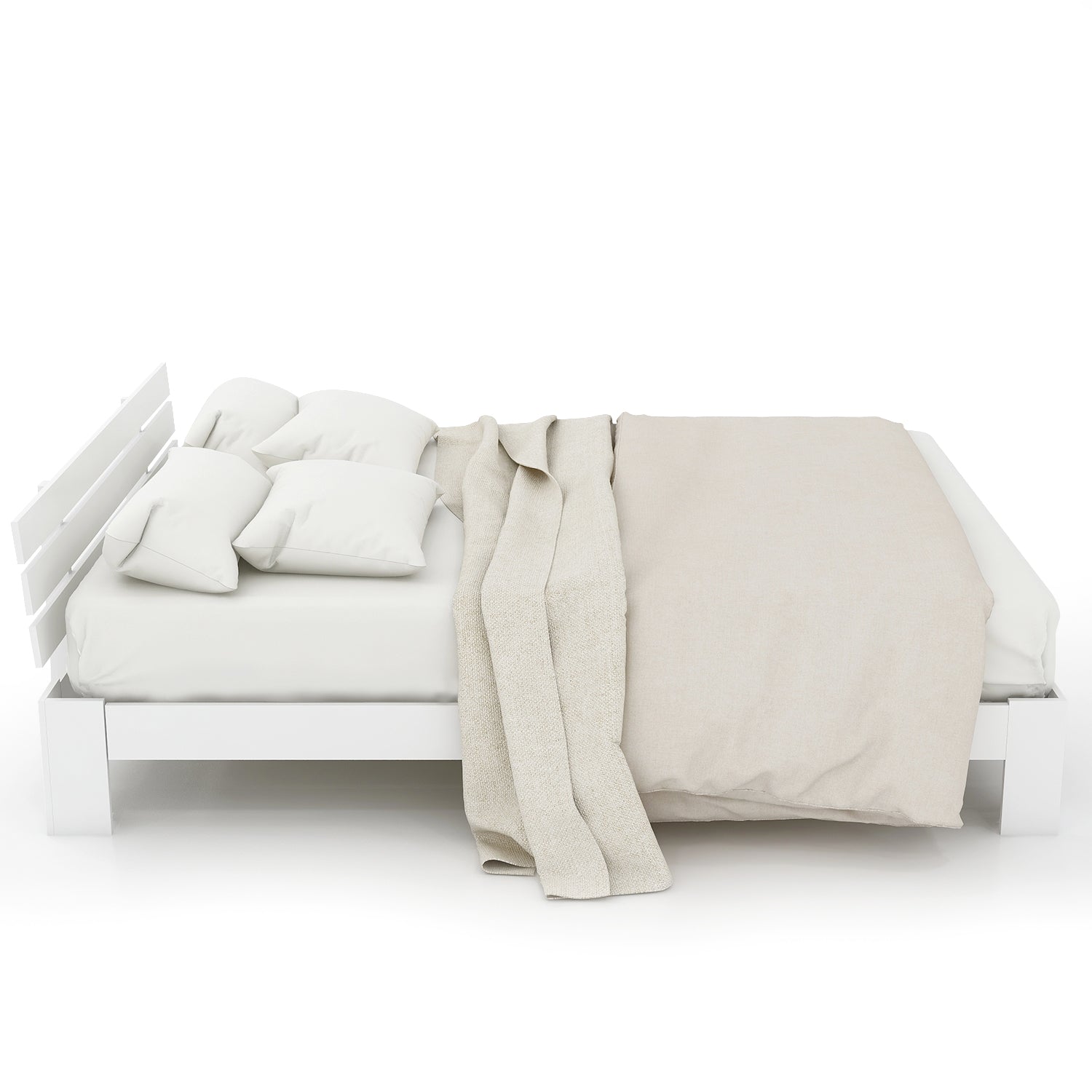 Lit double 140x200 cm en bois massif de pin blanc avec sommier à lattes et tête de lit, design rustique et compact (sans matelas)