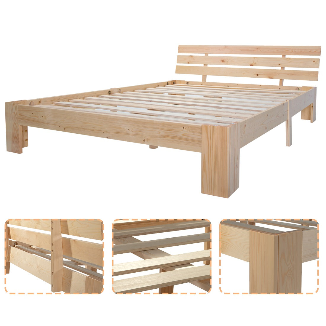 Lit double 140x200 cm en bois massif de pin naturel avec sommier à lattes et tête de lit, structure robuste et design intemporel, sans matelas.