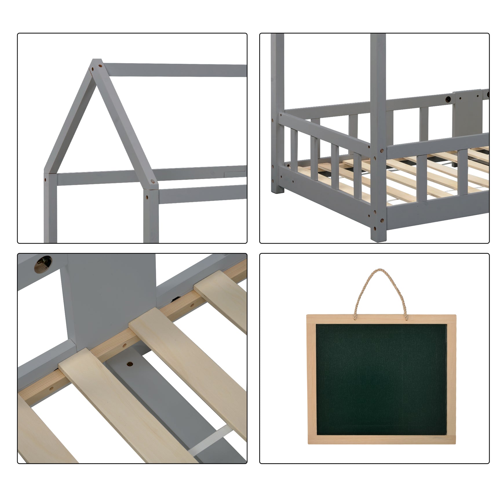 Lit cabane enfant 90x200 cm gris en bois massif avec tableau noir, sommier à lattes et barrières de sécurité, sans matelas