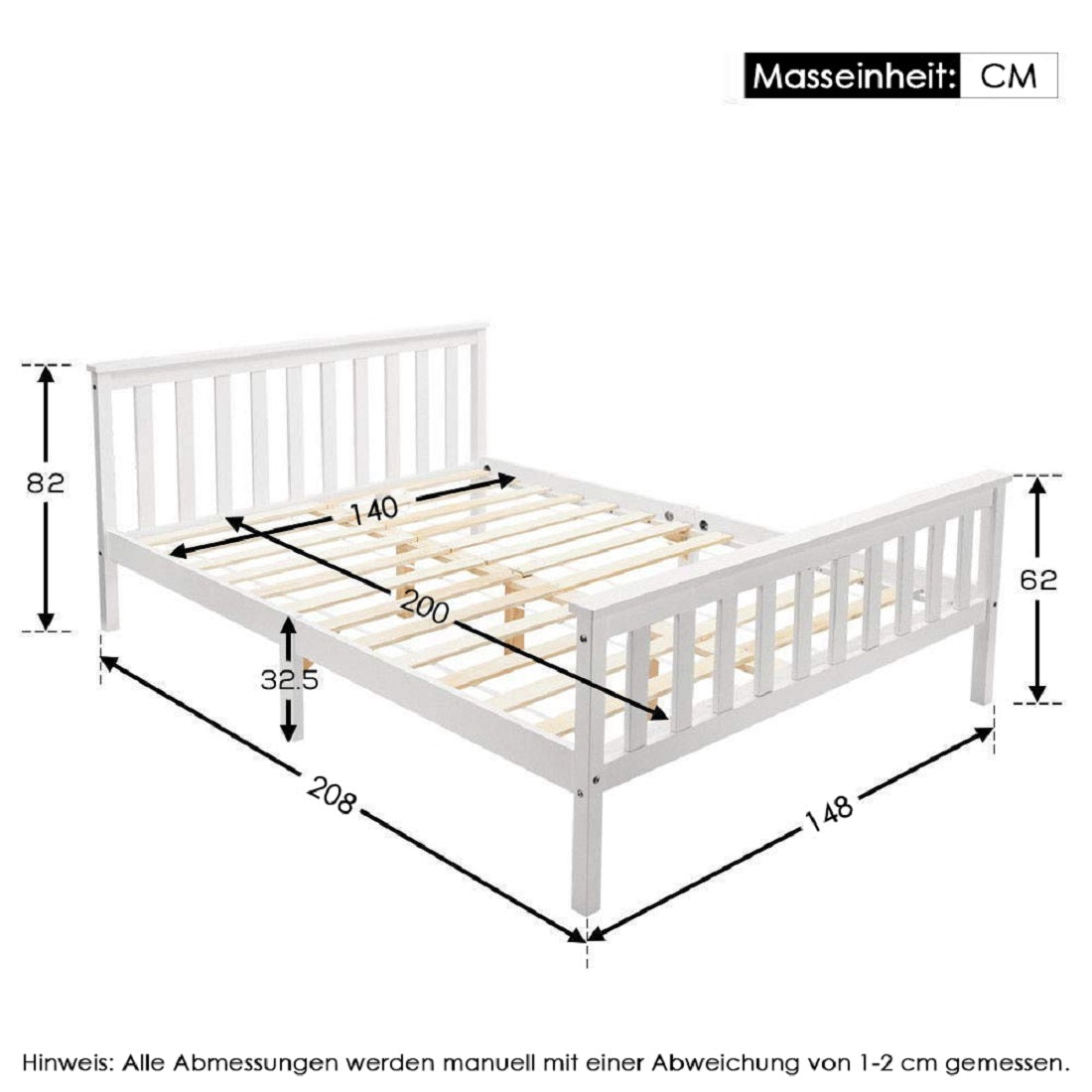Lit double 140x200 cm en bois massif de pin blanc avec sommier à lattes – Design robuste et élégant pour adultes et enfants (sans matelas)