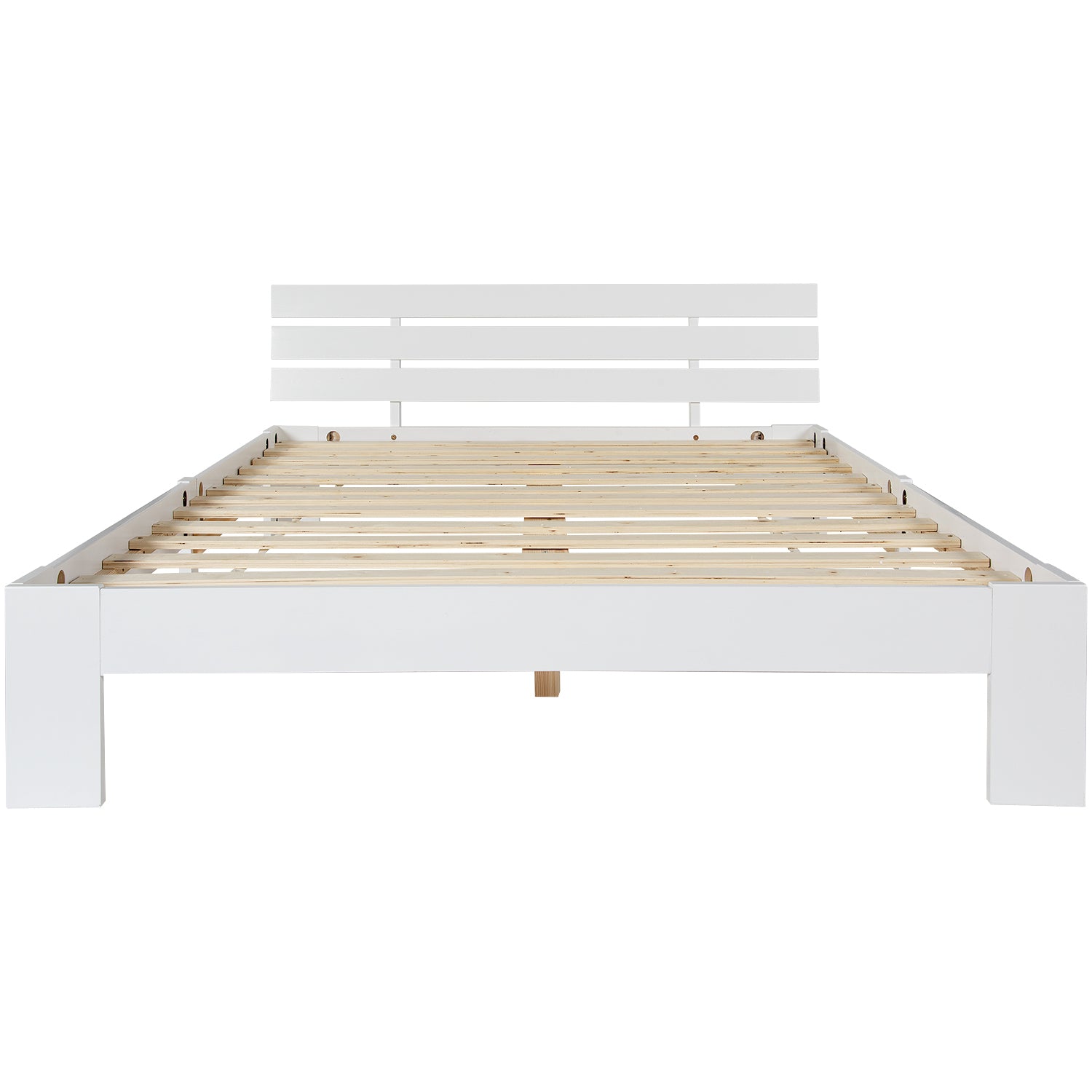 Lit double 140x200 cm en bois massif de pin blanc avec sommier à lattes et tête de lit, design rustique et compact (sans matelas)
