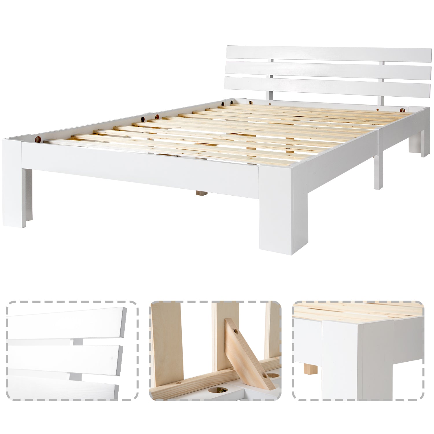 Lit double 140x200 cm en bois massif de pin blanc avec sommier à lattes et tête de lit, design rustique et compact (sans matelas)