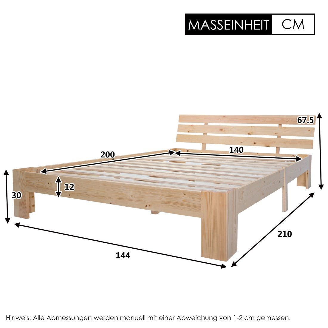 Lit double 140x200 cm en bois massif de pin naturel avec sommier à lattes et tête de lit, structure robuste et design intemporel, sans matelas.