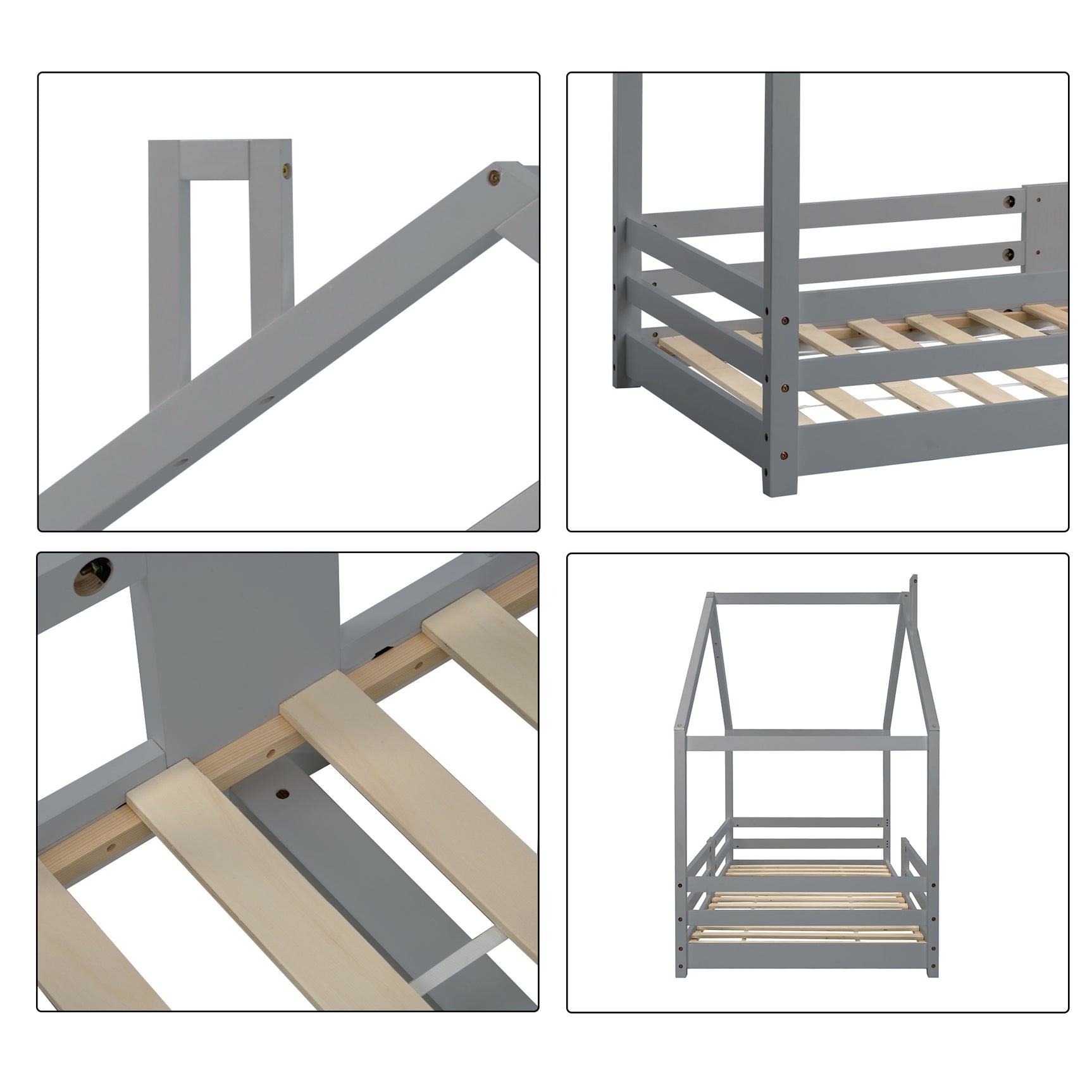 Lit cabane enfant 90x200 cm bois massif gris avec barrière anti-chute et sommier à lattes