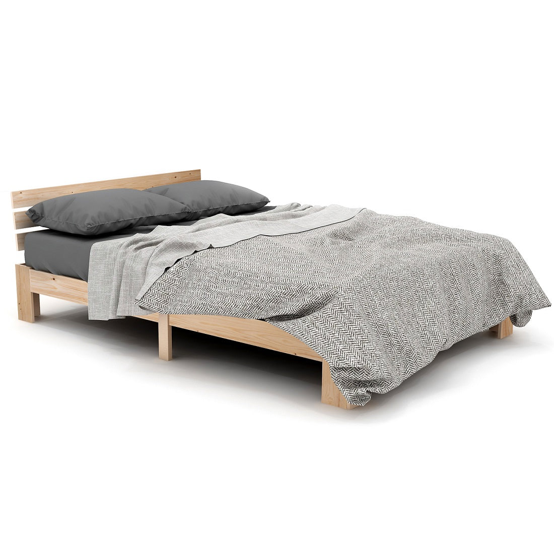 Lit double 140x200 cm en bois massif de pin naturel avec sommier à lattes et tête de lit, structure robuste et design intemporel, sans matelas.