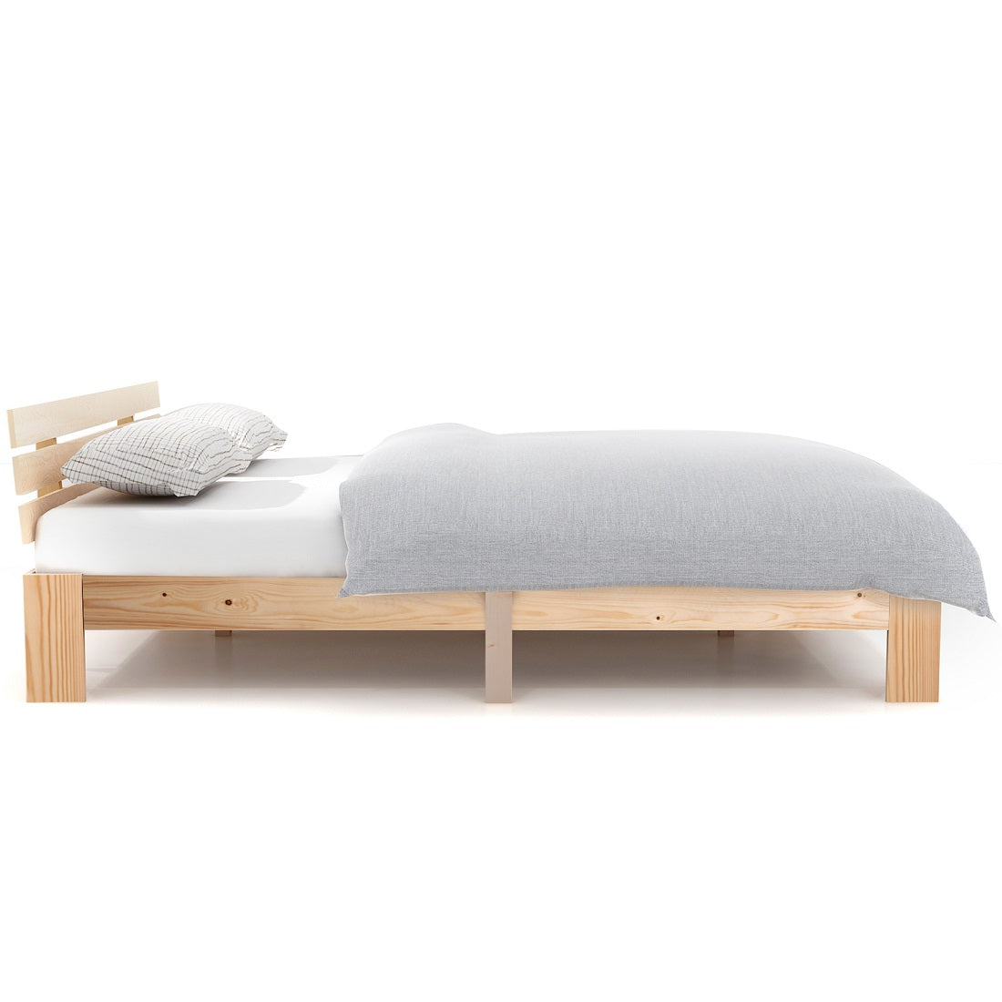 Lit double 140x200 cm en bois massif de pin naturel avec sommier à lattes et tête de lit, structure robuste et design intemporel, sans matelas.