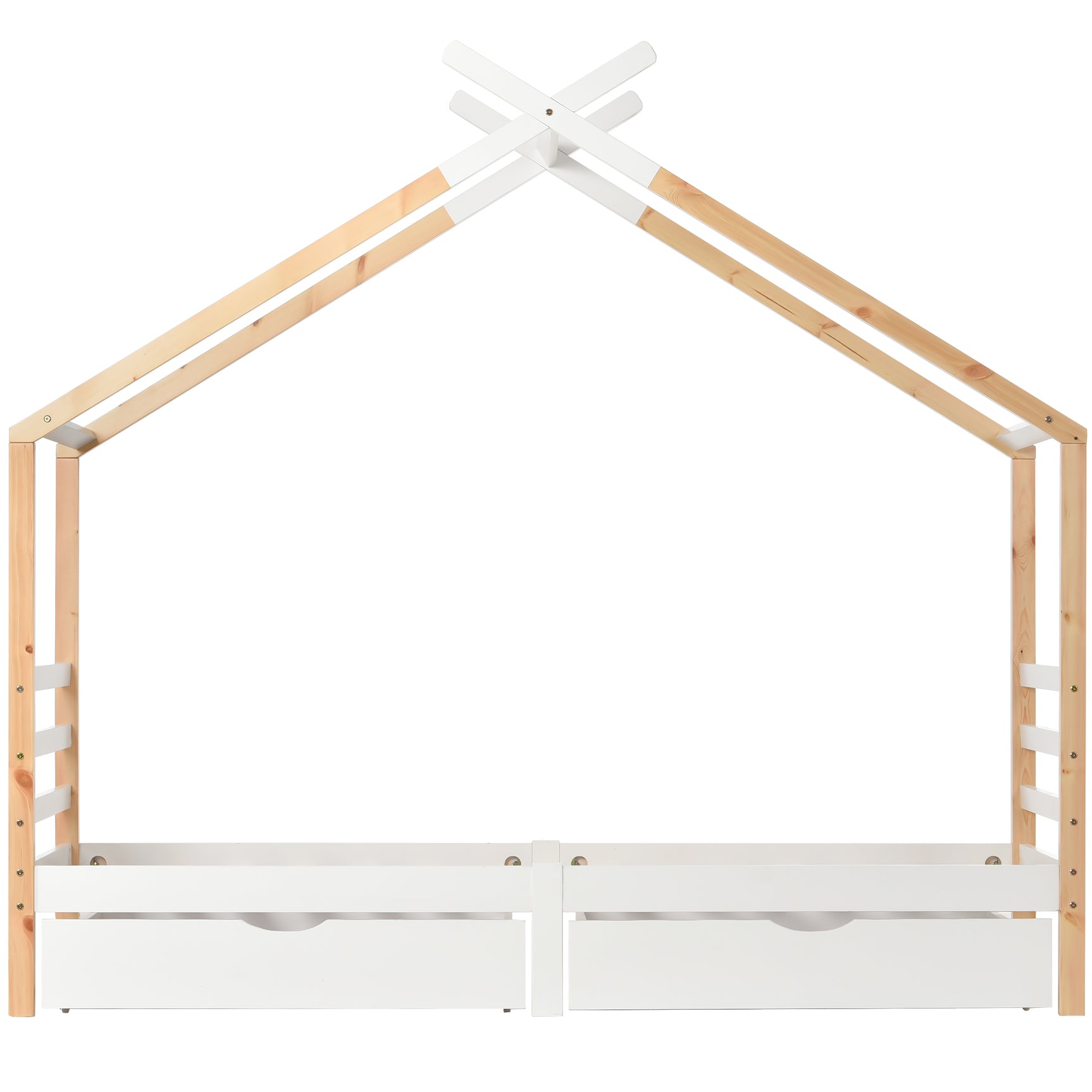 Kinderkabine 90x200 cm weißes und massives Holzholz mit geschmierigen Basis und 2 Lagerschubladen (ohne Matratzen)