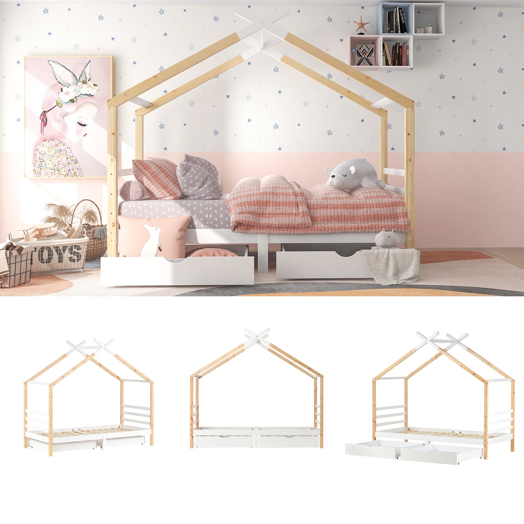 Kinderkabine 90x200 cm weißes und massives Holzholz mit geschmierigen Basis und 2 Lagerschubladen (ohne Matratzen)