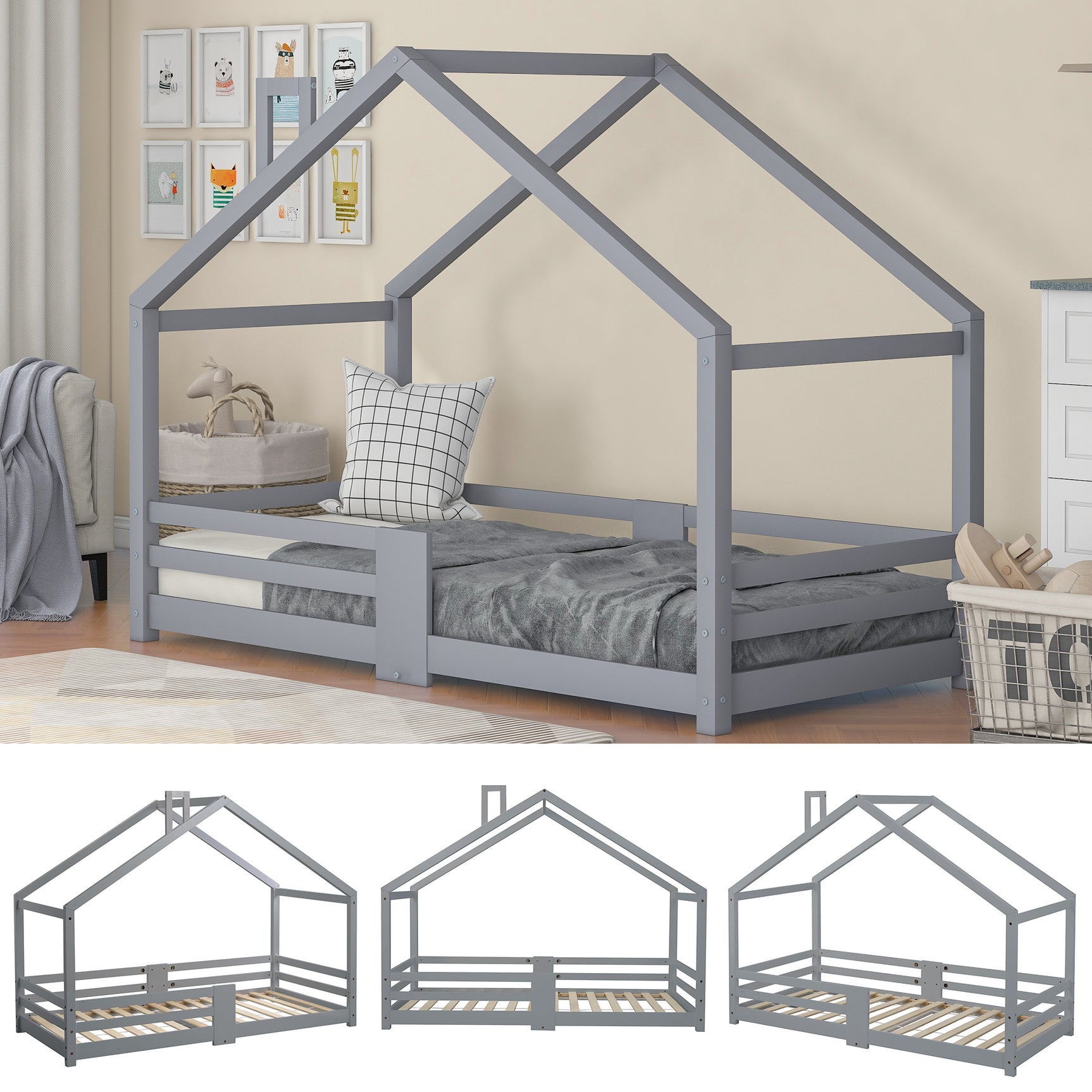 Lit cabane enfant 90x200 cm bois massif gris avec barrière anti-chute et sommier à lattes