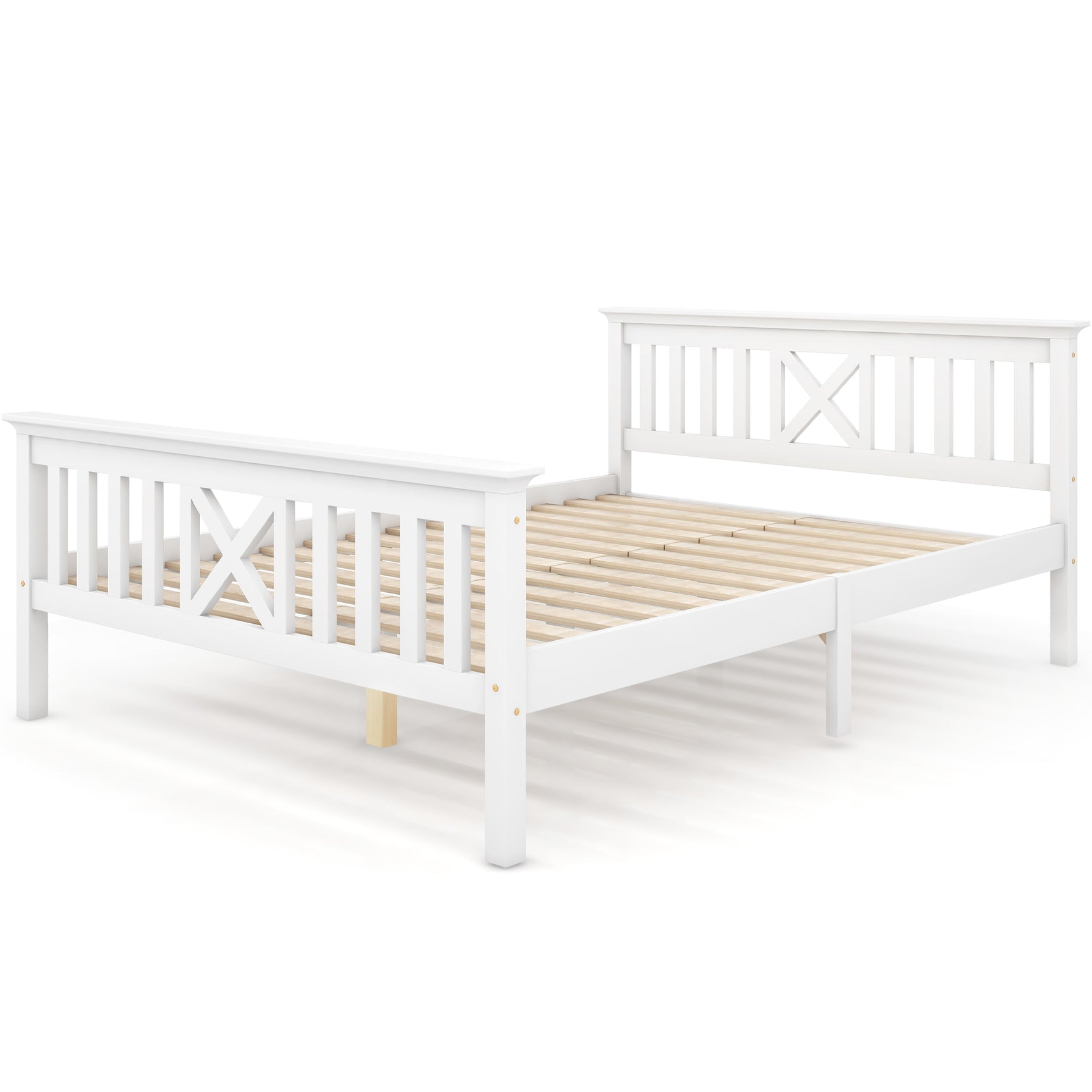 Lit double 140x200 cm blanc en bois massif de pin avec sommier à lattes et tête de lit (sans matelas)