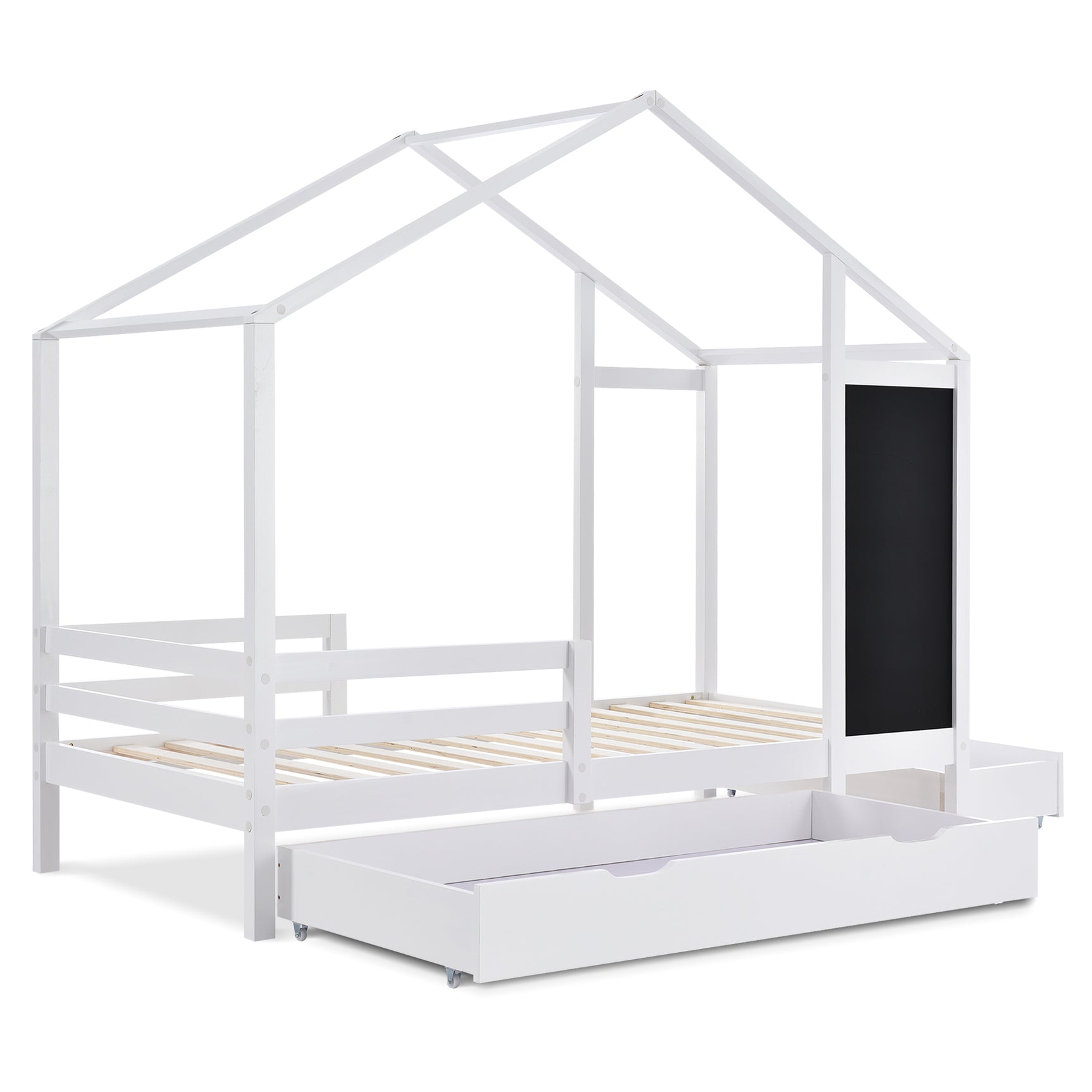 Lit cabane enfant 90×200 cm en bois massif blanc avec tableau, 2 tiroirs, sommier à lattes et barrières de sécurité (sans matelas)