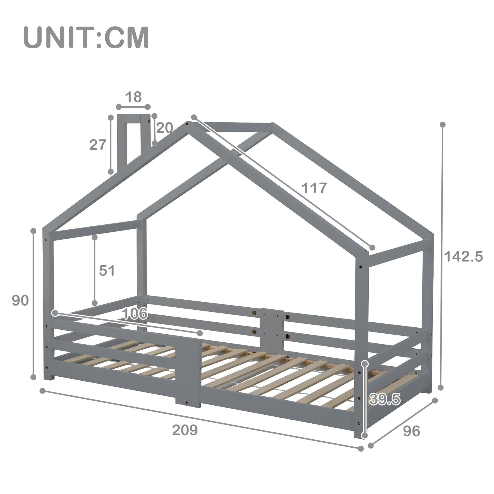 Lit cabane enfant 90x200 cm bois massif gris avec barrière anti-chute et sommier à lattes