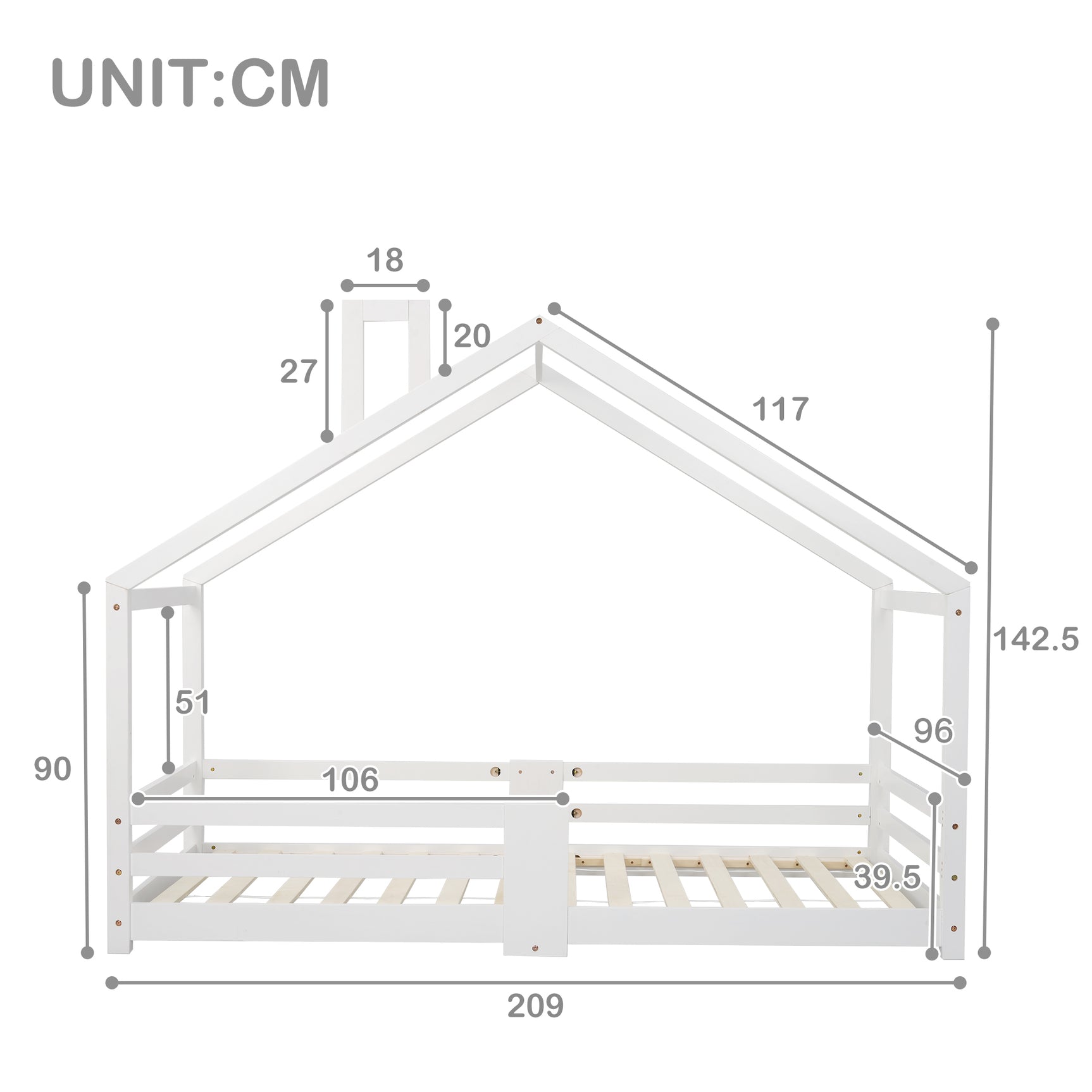 Lit cabane enfant 90x200 cm bois massif blanc avec barrière anti-chute et sommier à lattes