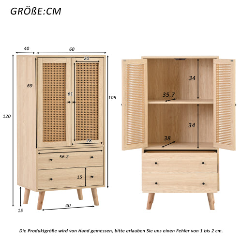 Holzbuffet moderner Stil mit Rattan -Türen und -schubladen - 60 x 40 x 120 cm