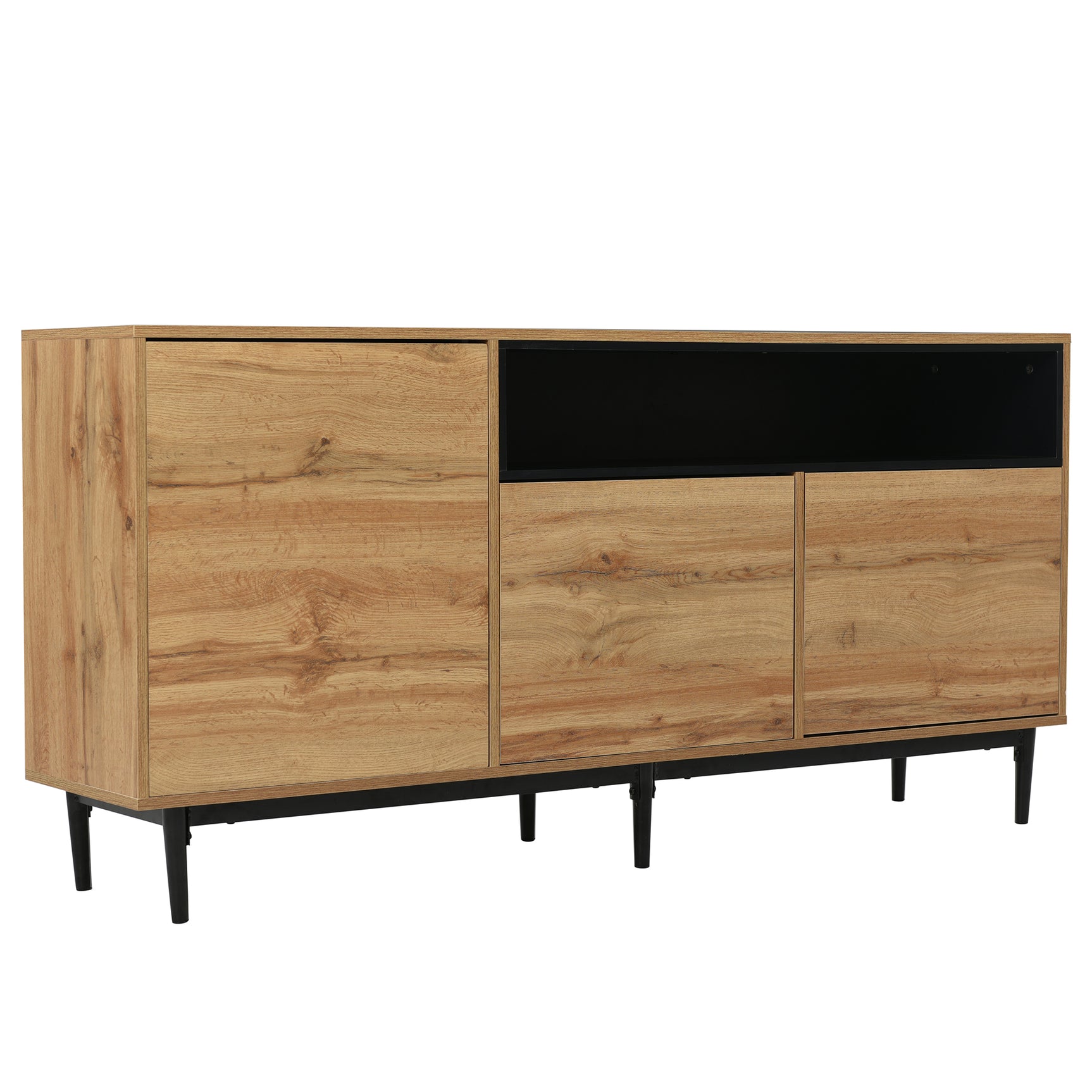 Modernes niedriges Buffet 160 cm in Naturholz mit 3 Türen, verstellbaren Regalen und schwarzen Füßen - 160 x 35 x 76 cm