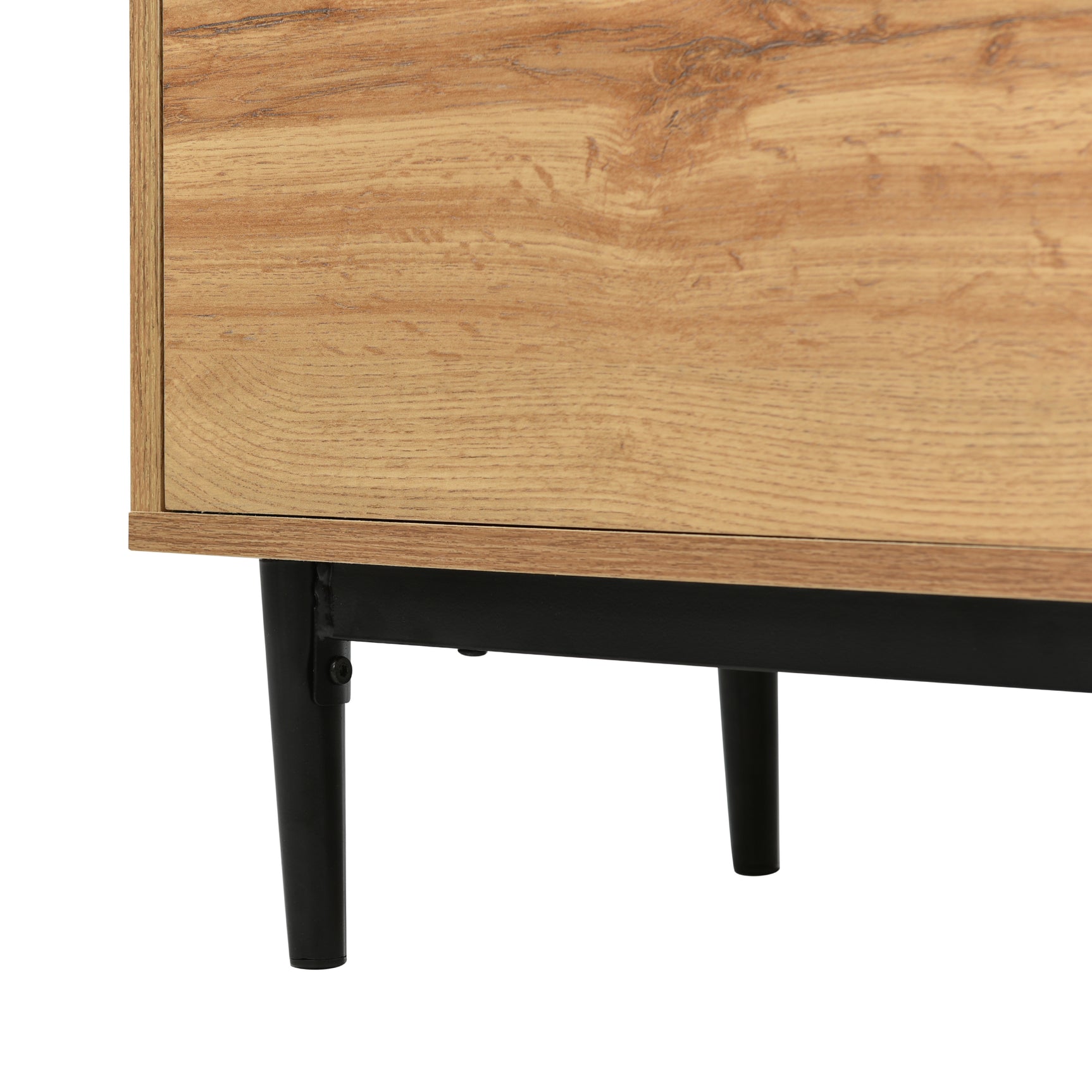 Modernes niedriges Buffet 160 cm in Naturholz mit 3 Türen, verstellbaren Regalen und schwarzen Füßen - 160 x 35 x 76 cm