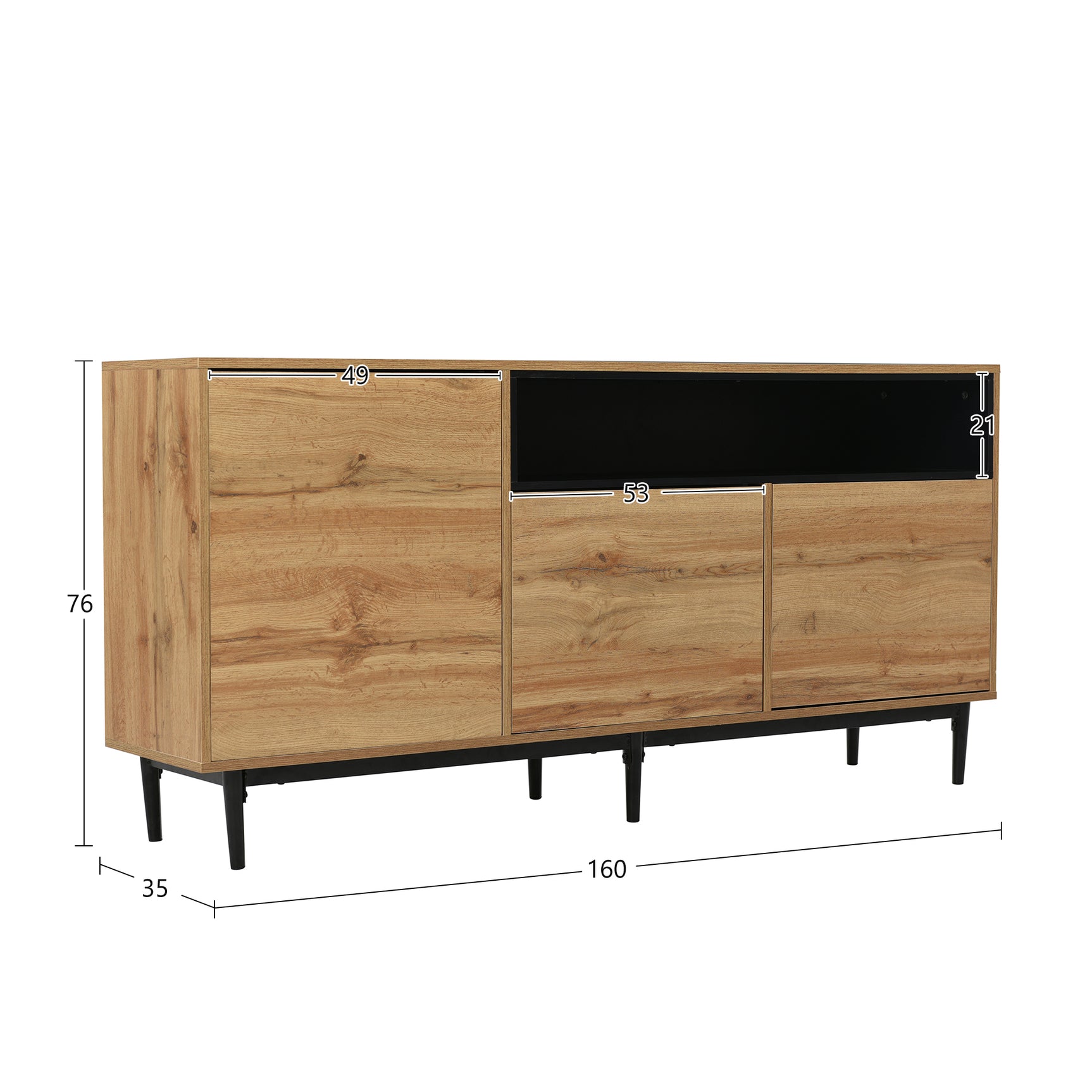 Modernes niedriges Buffet 160 cm in Naturholz mit 3 Türen, verstellbaren Regalen und schwarzen Füßen - 160 x 35 x 76 cm