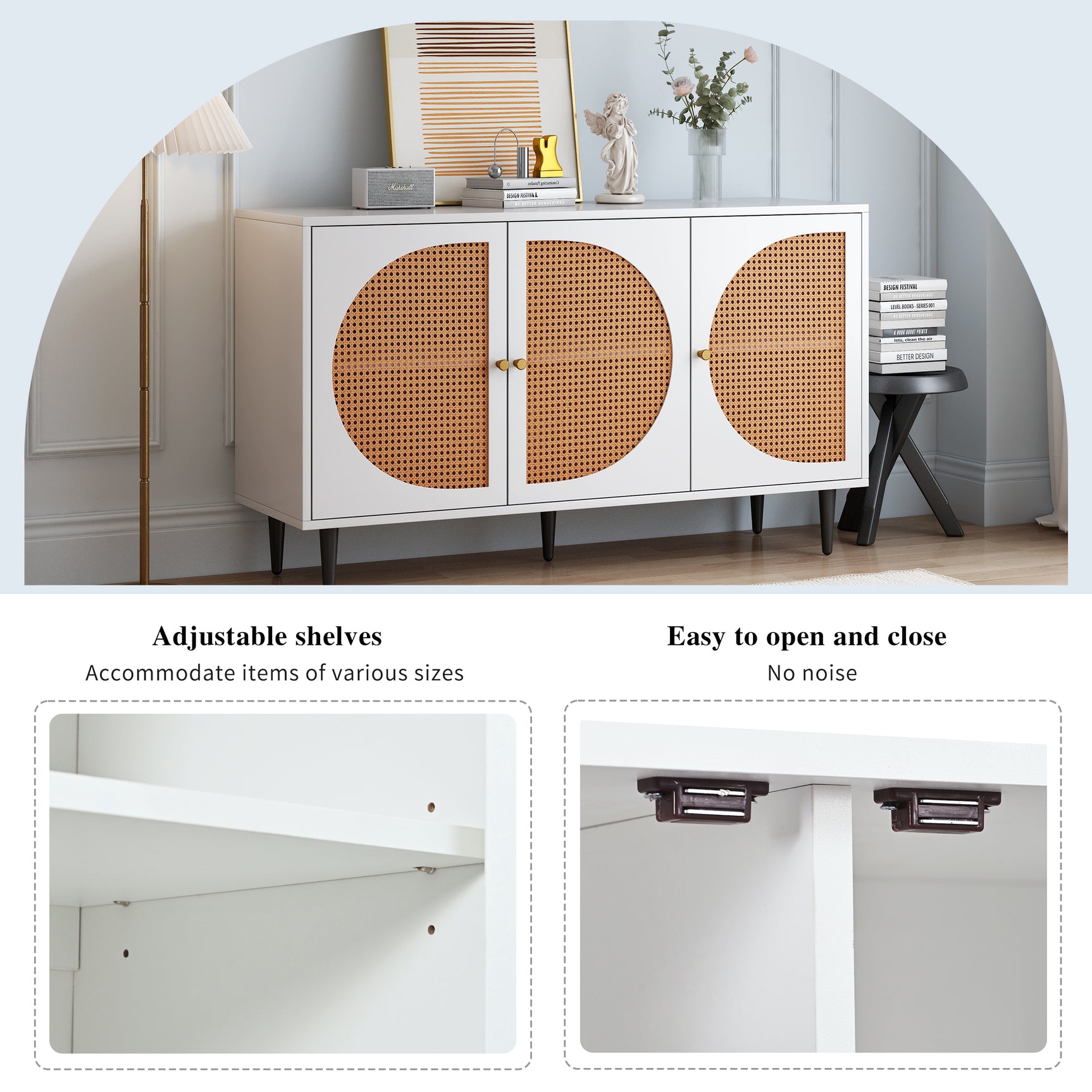 Buffet blanc moderne avec 3 portes en rotin et pieds en métal