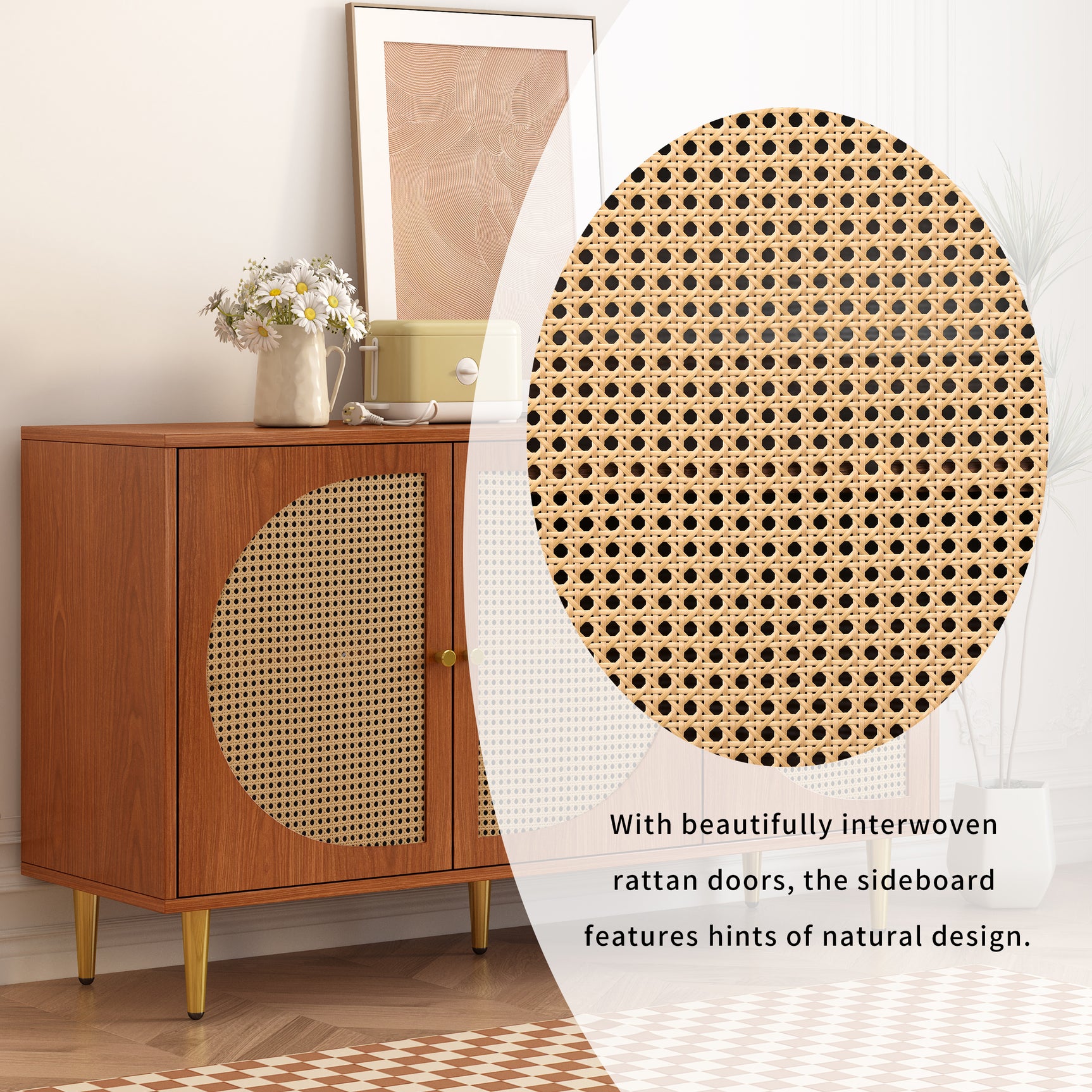 Buffet en noyer avec 3 portes en rotin et pieds en métal