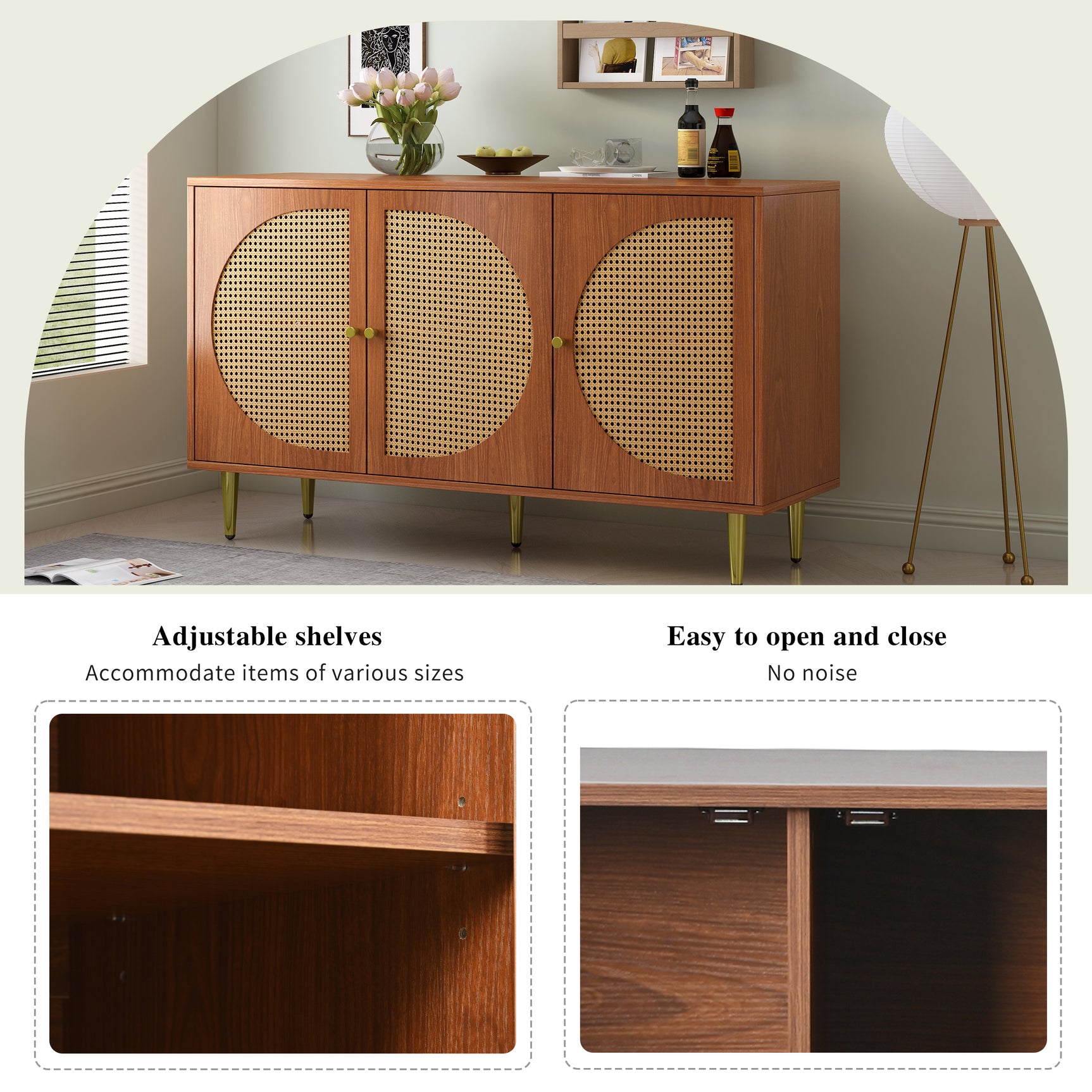 Buffet en noyer avec 3 portes en rotin et pieds en métal