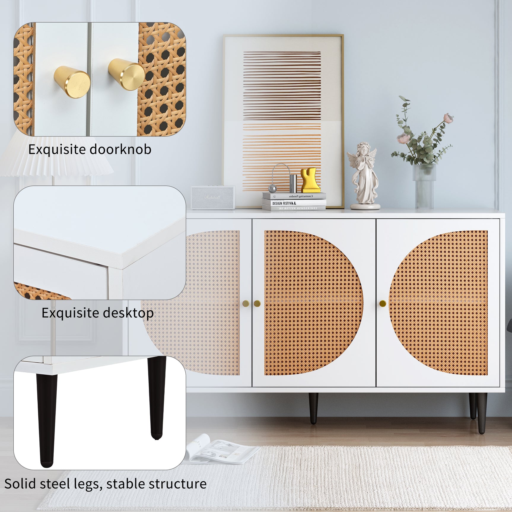 Buffet blanc moderne avec 3 portes en rotin et pieds en métal