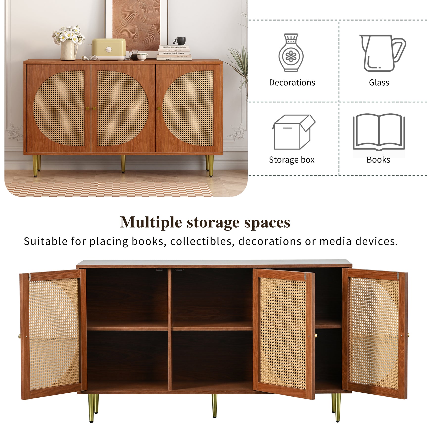 Buffet en noyer avec 3 portes en rotin et pieds en métal