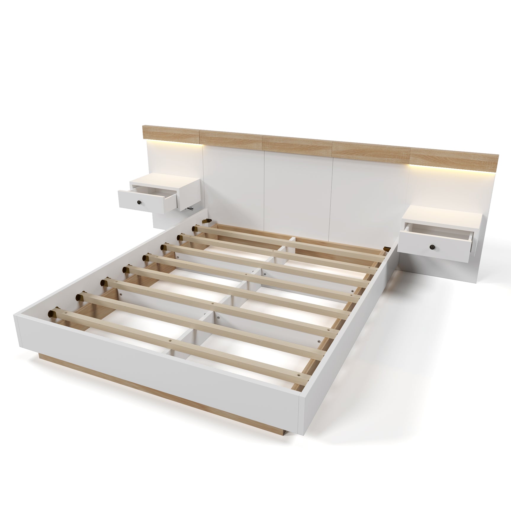 Lit double 140x200 cm avec sommier, tête de lit et 2 tables de chevet LED avec ports USB-C intégrés (sans matelas) , 205x244x90,5 cm