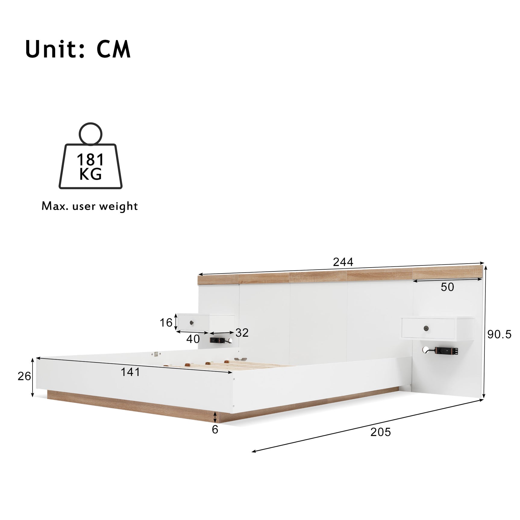 Lit double 140x200 cm avec sommier, tête de lit et 2 tables de chevet LED avec ports USB-C intégrés (sans matelas) , 205x244x90,5 cm