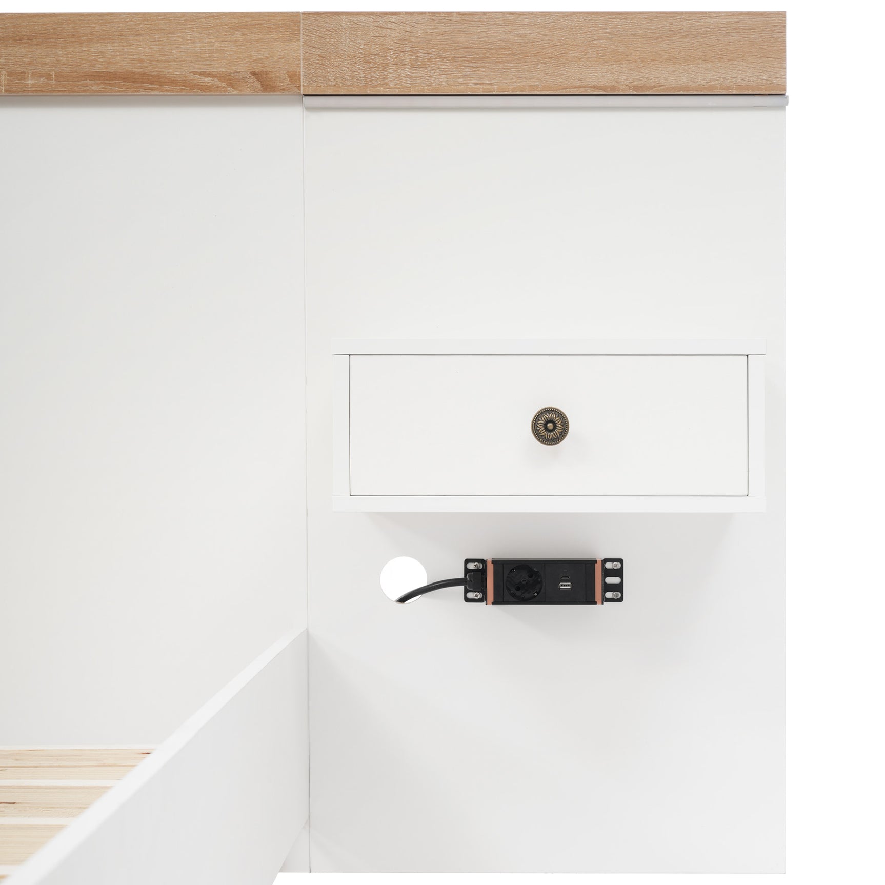 Lit double 140x200 cm avec sommier, tête de lit et 2 tables de chevet LED avec ports USB-C intégrés (sans matelas) , 205x244x90,5 cm