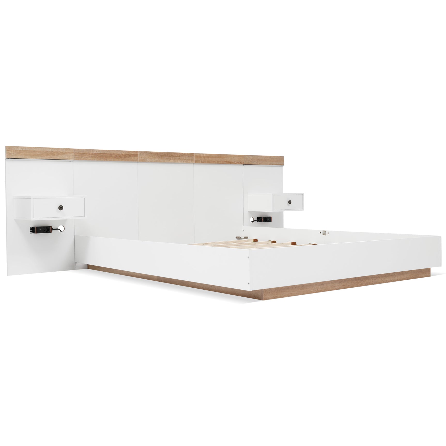Lit double 140x200 cm avec sommier, tête de lit et 2 tables de chevet LED avec ports USB-C intégrés (sans matelas) , 205x244x90,5 cm
