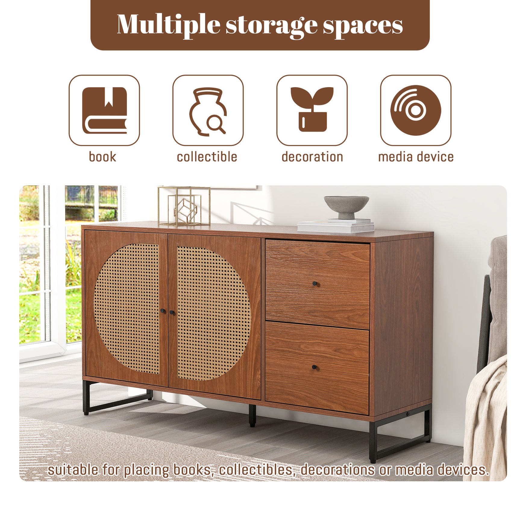 Buffet en noyer avec 2 portes en rotin et 2 tiroirs