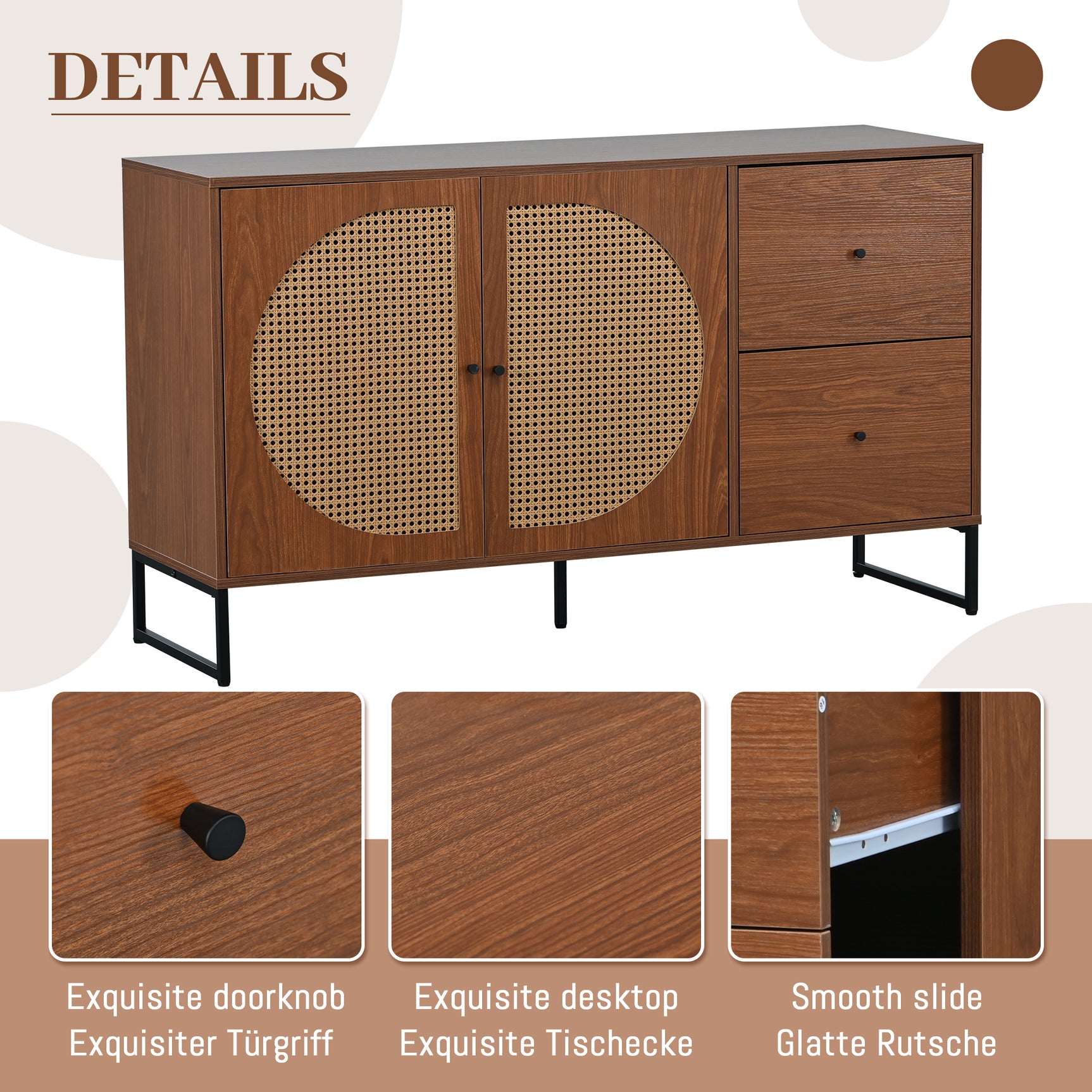 Buffet en noyer avec 2 portes en rotin et 2 tiroirs