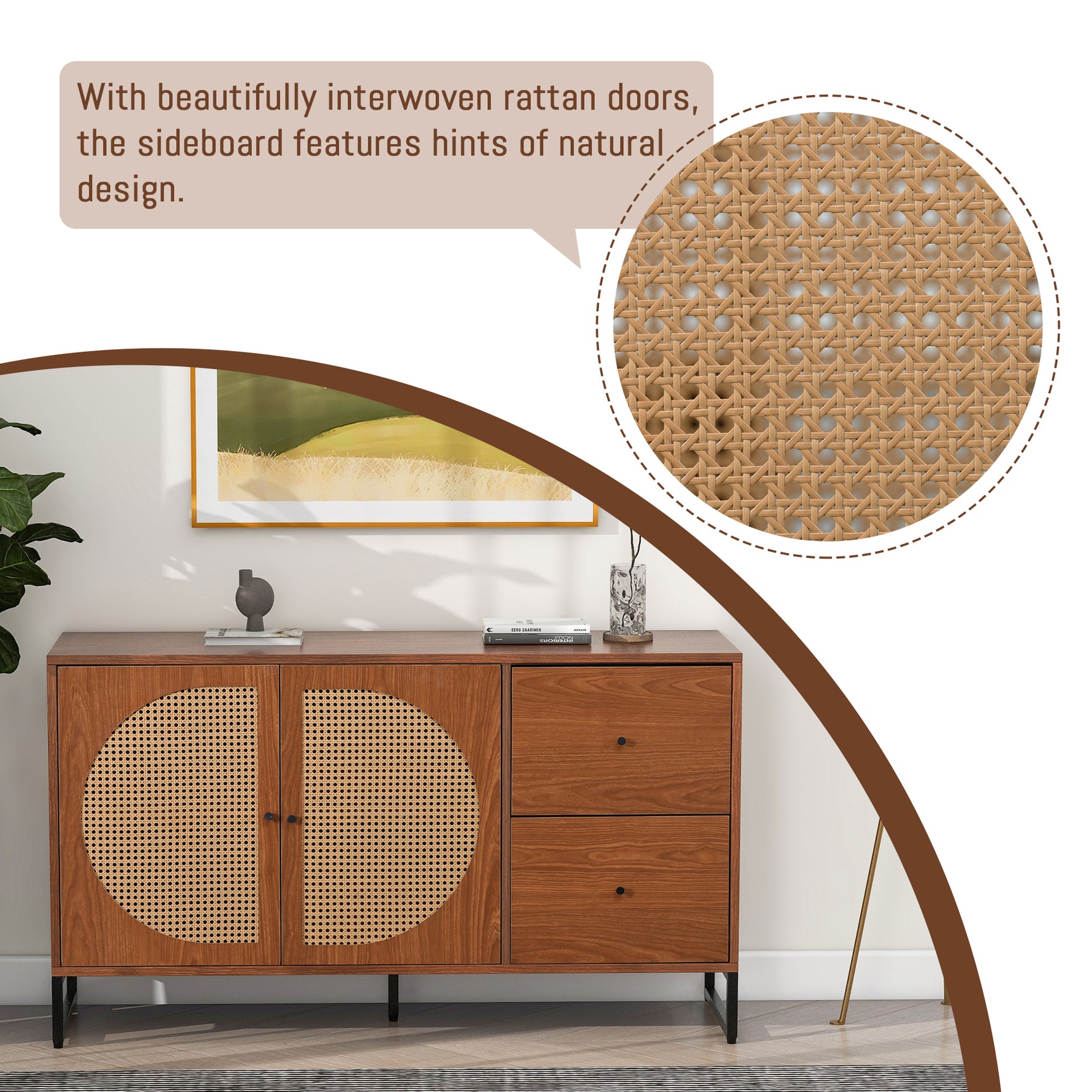 Buffet en noyer avec 2 portes en rotin et 2 tiroirs