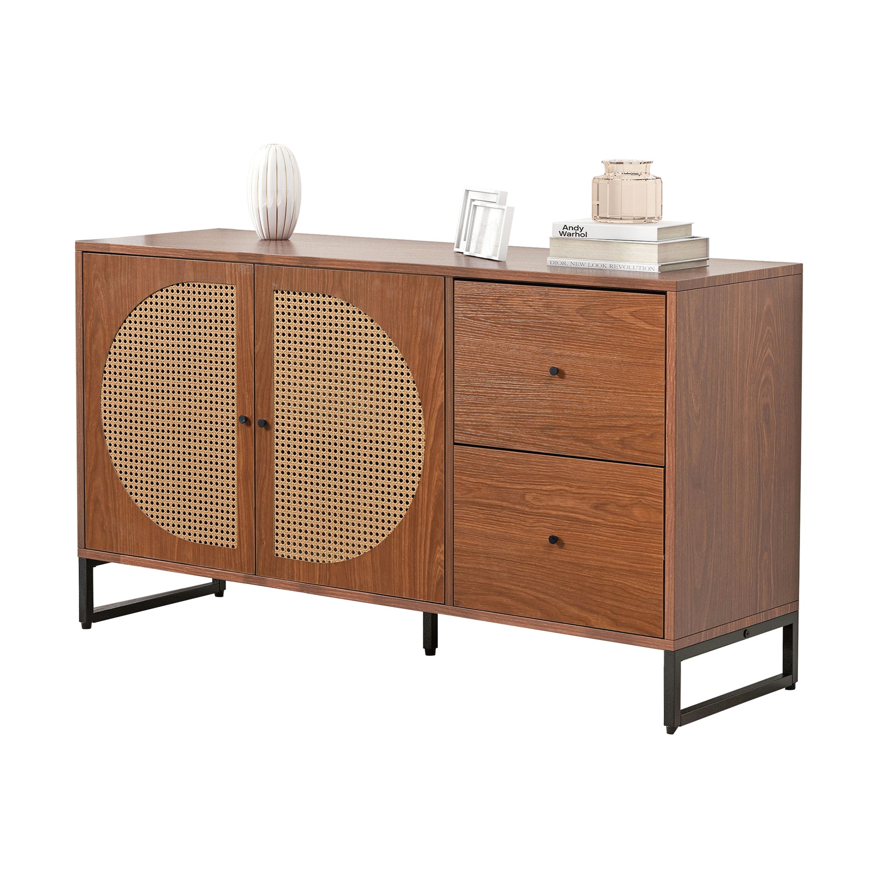 Buffet en noyer avec 2 portes en rotin et 2 tiroirs