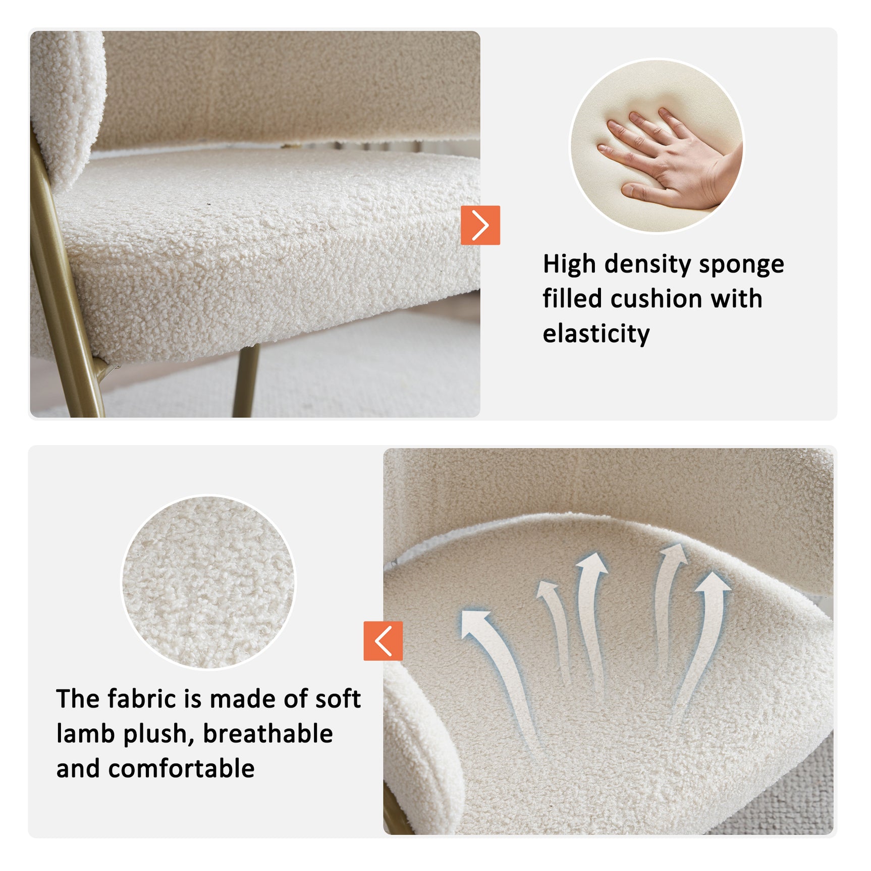 Lot de 6 chaises de salle à manger modernes en tissu effet laine blanche avec pieds dorés