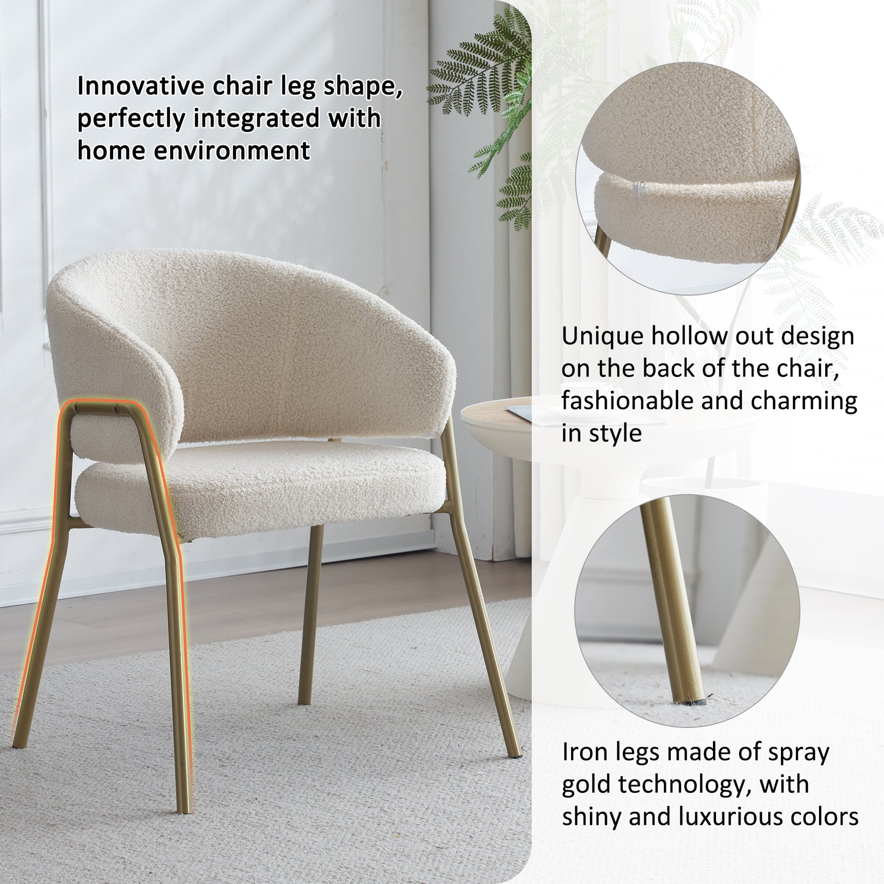 Lot de 6 chaises de salle à manger modernes en tissu effet laine blanche avec pieds dorés