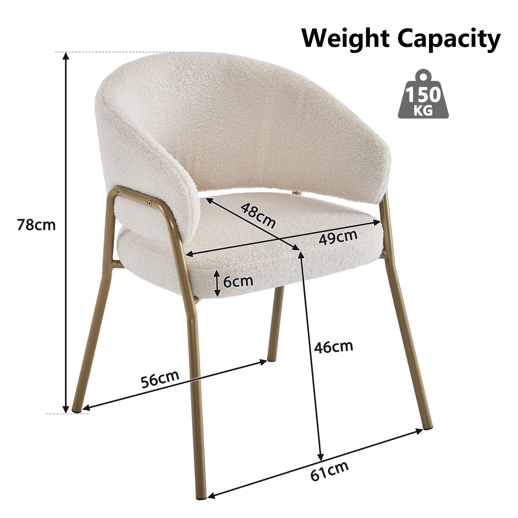 Lot de 6 chaises de salle à manger modernes en tissu effet laine blanche avec pieds dorés