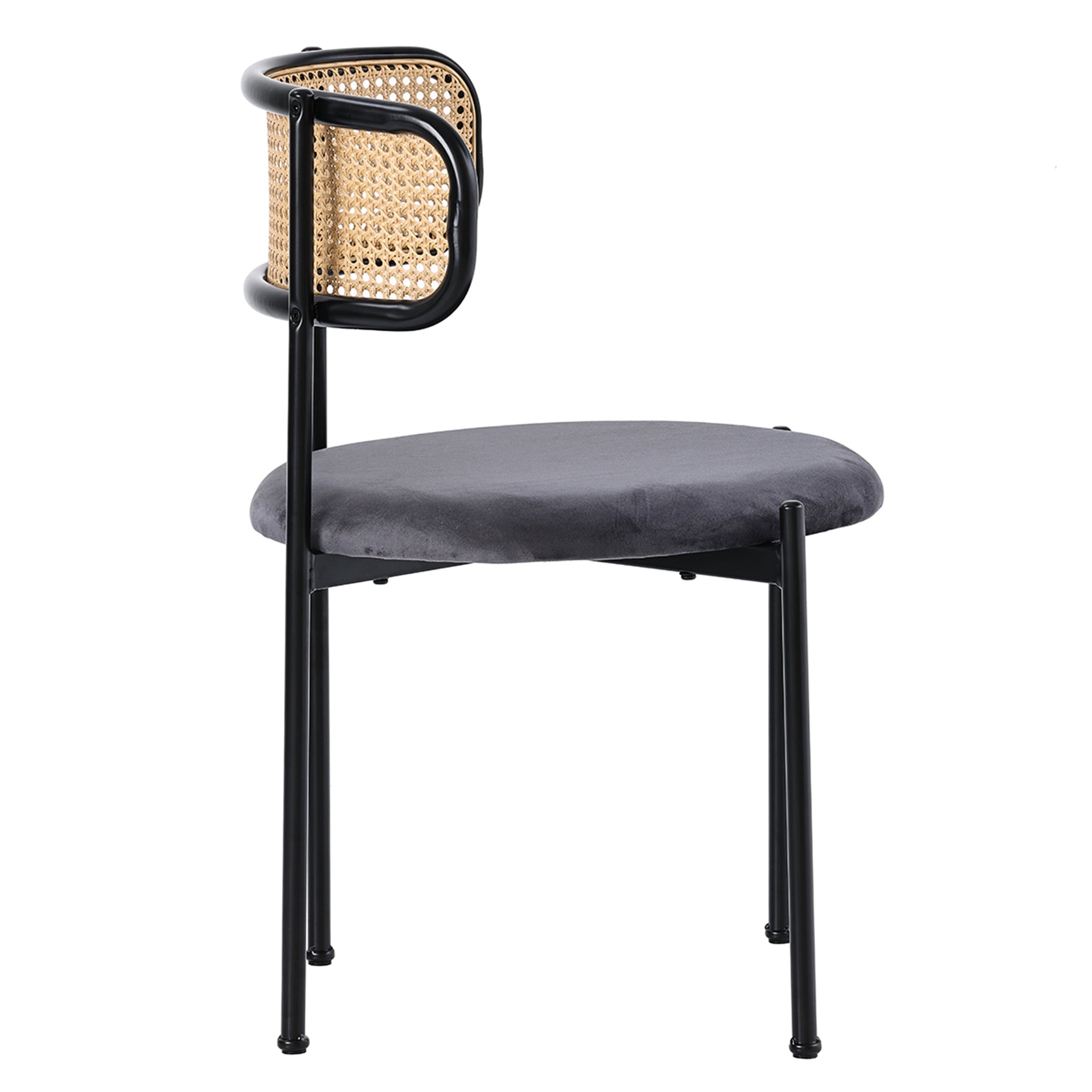 Lot de 2 chaises de salle à manger modernes en velours gris avec dossier en rotin et pieds en métal