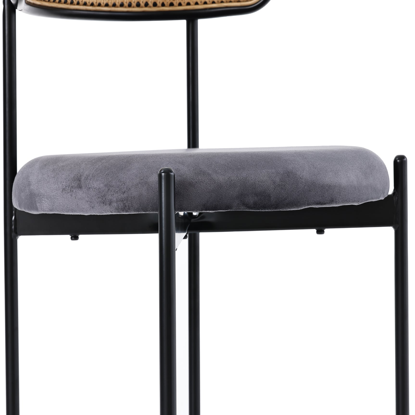 Lot de 2 chaises de salle à manger modernes en velours gris avec dossier en rotin et pieds en métal