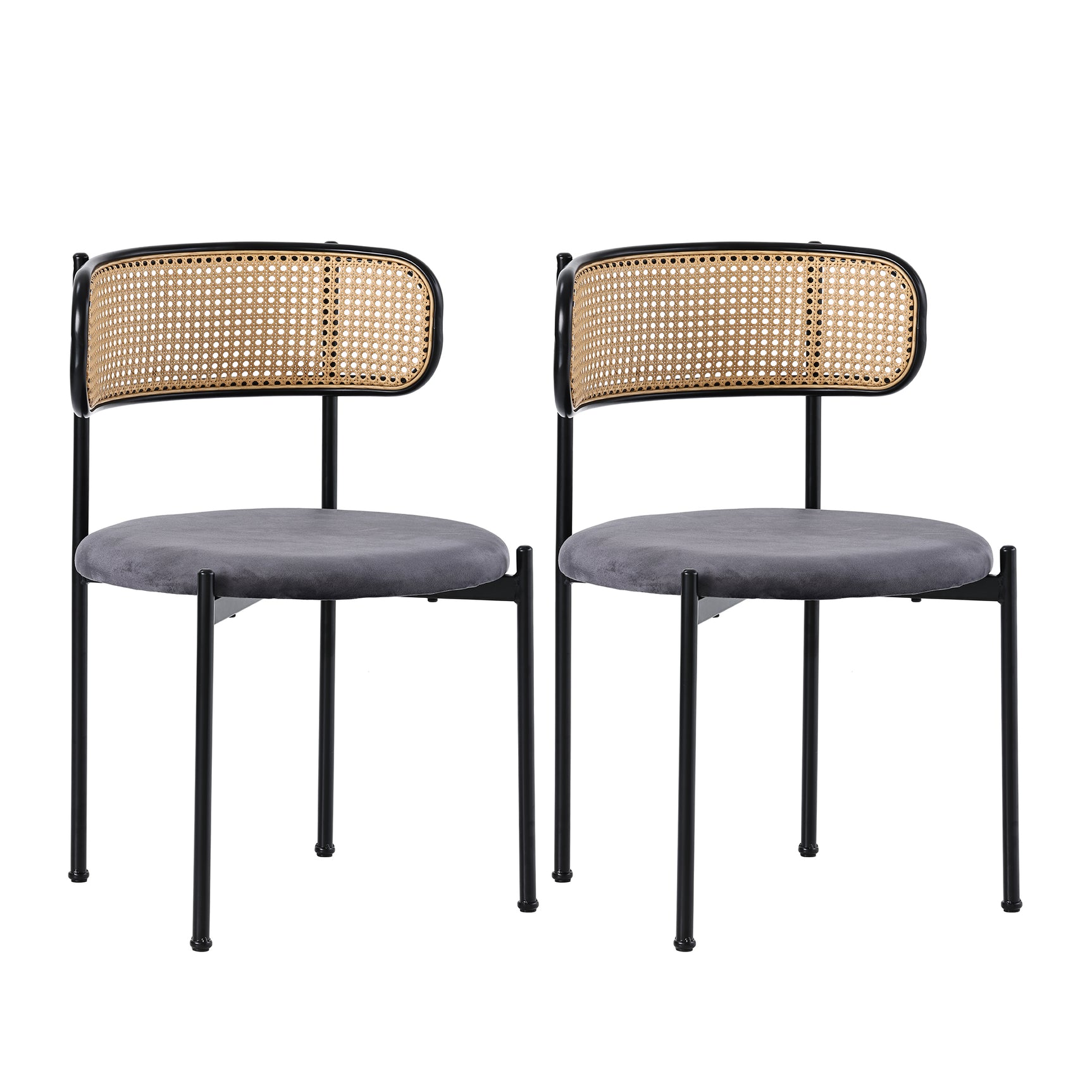Lot de 2 chaises de salle à manger modernes en velours gris avec dossier en rotin et pieds en métal