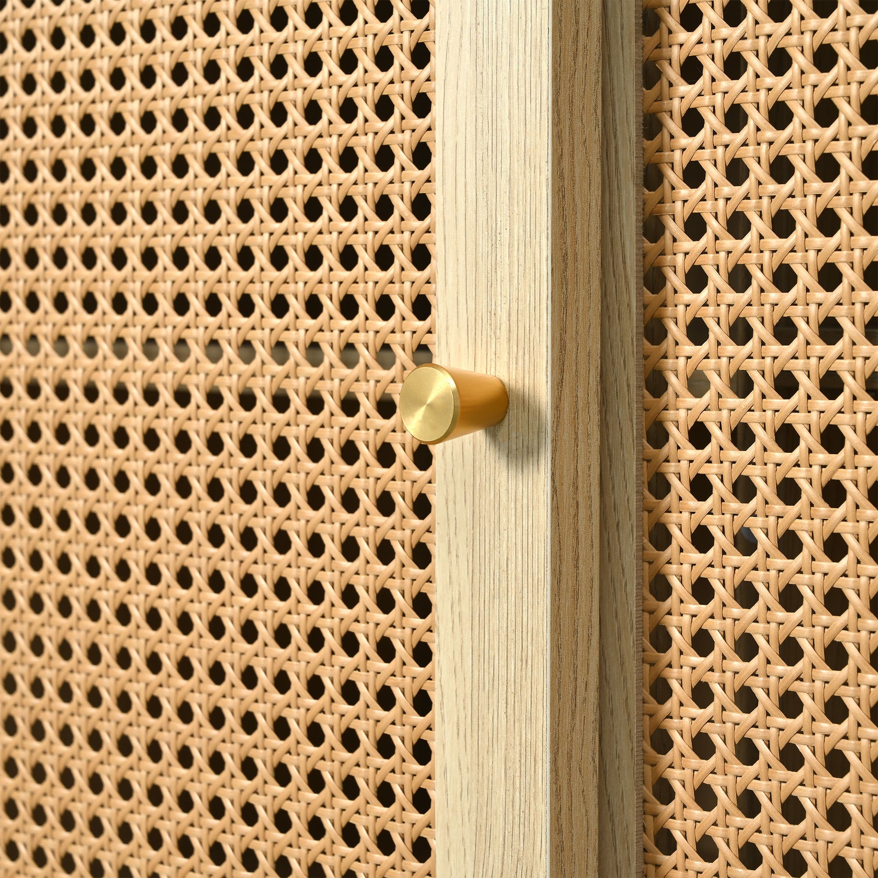 Retro-Sideboard aus Eichenholz mit 3 Schubladen, 3 Rattan-Schiebetüren und verstellbaren Regalen – 120 x 40 x 78 cm