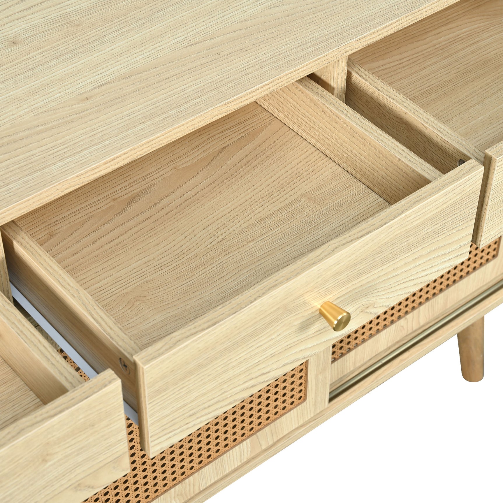 Retro-Sideboard aus Eichenholz mit 3 Schubladen, 3 Rattan-Schiebetüren und verstellbaren Regalen – 120 x 40 x 78 cm