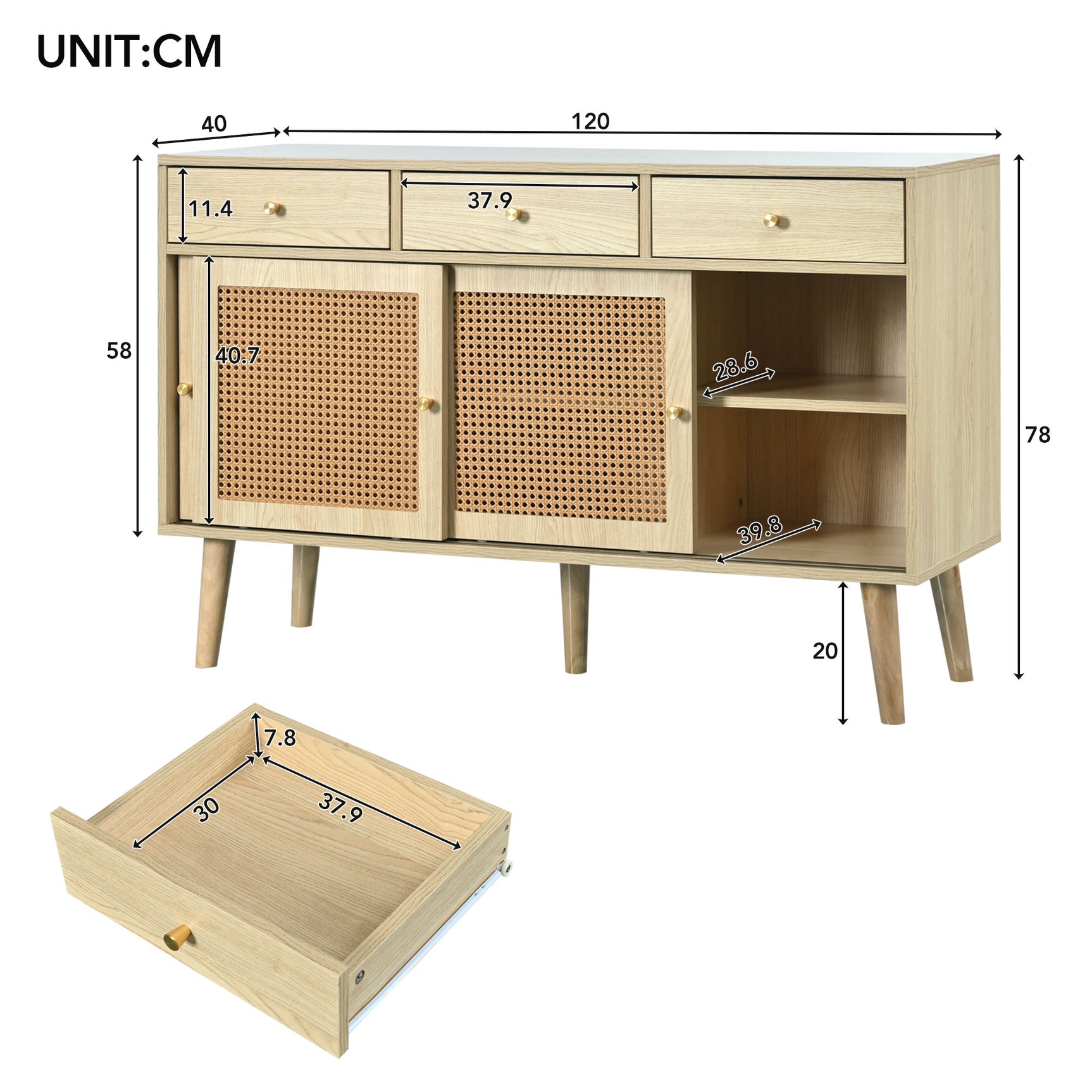Retro-Sideboard aus Eichenholz mit 3 Schubladen, 3 Rattan-Schiebetüren und verstellbaren Regalen – 120 x 40 x 78 cm