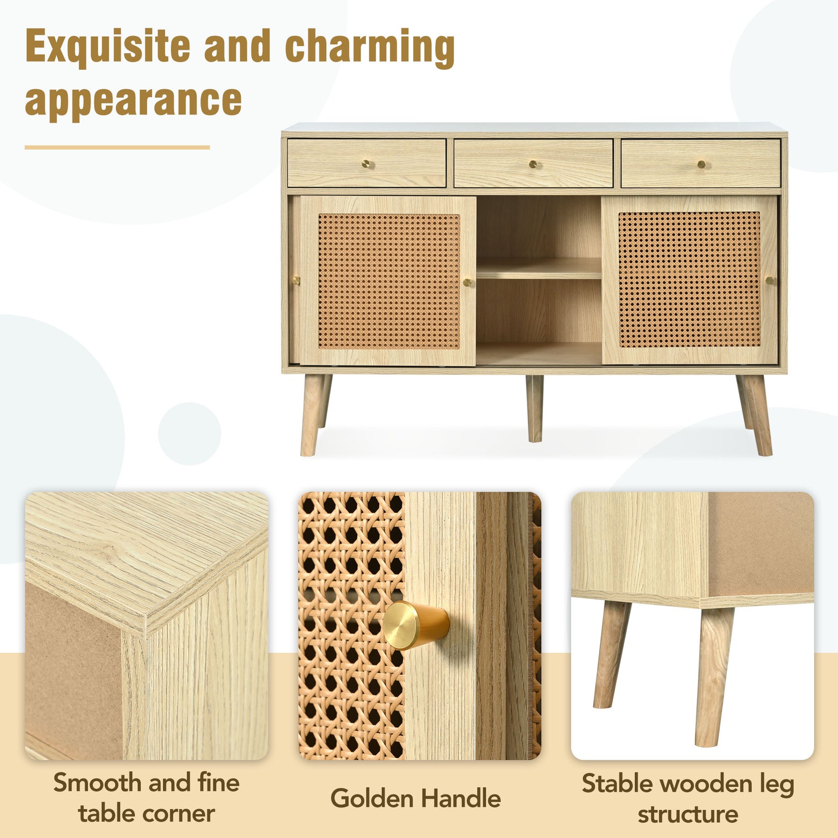 Retro-Sideboard aus Eichenholz mit 3 Schubladen, 3 Rattan-Schiebetüren und verstellbaren Regalen – 120 x 40 x 78 cm