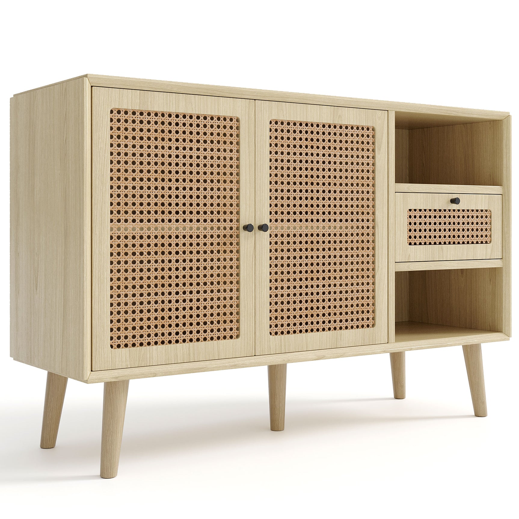 Holzbuffet Eiche Finish mit 1 Schublade und 2 Rattan -Magnettüren, verstellbaren Regalen und festen Holzfüßen für elegante und praktische Lagerung. - 120x40x80 cm